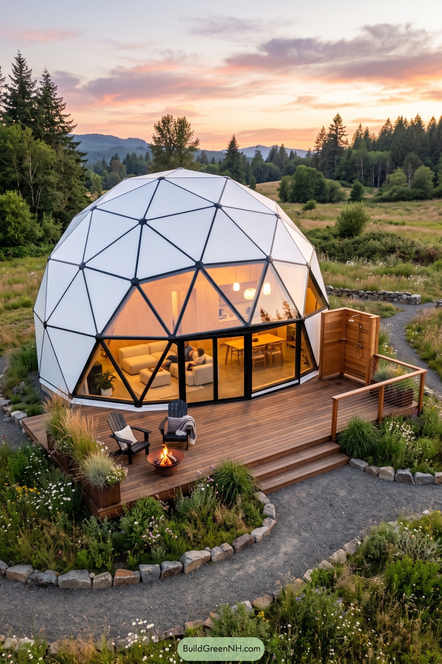 White geodesic home with a timber deck in a meadow