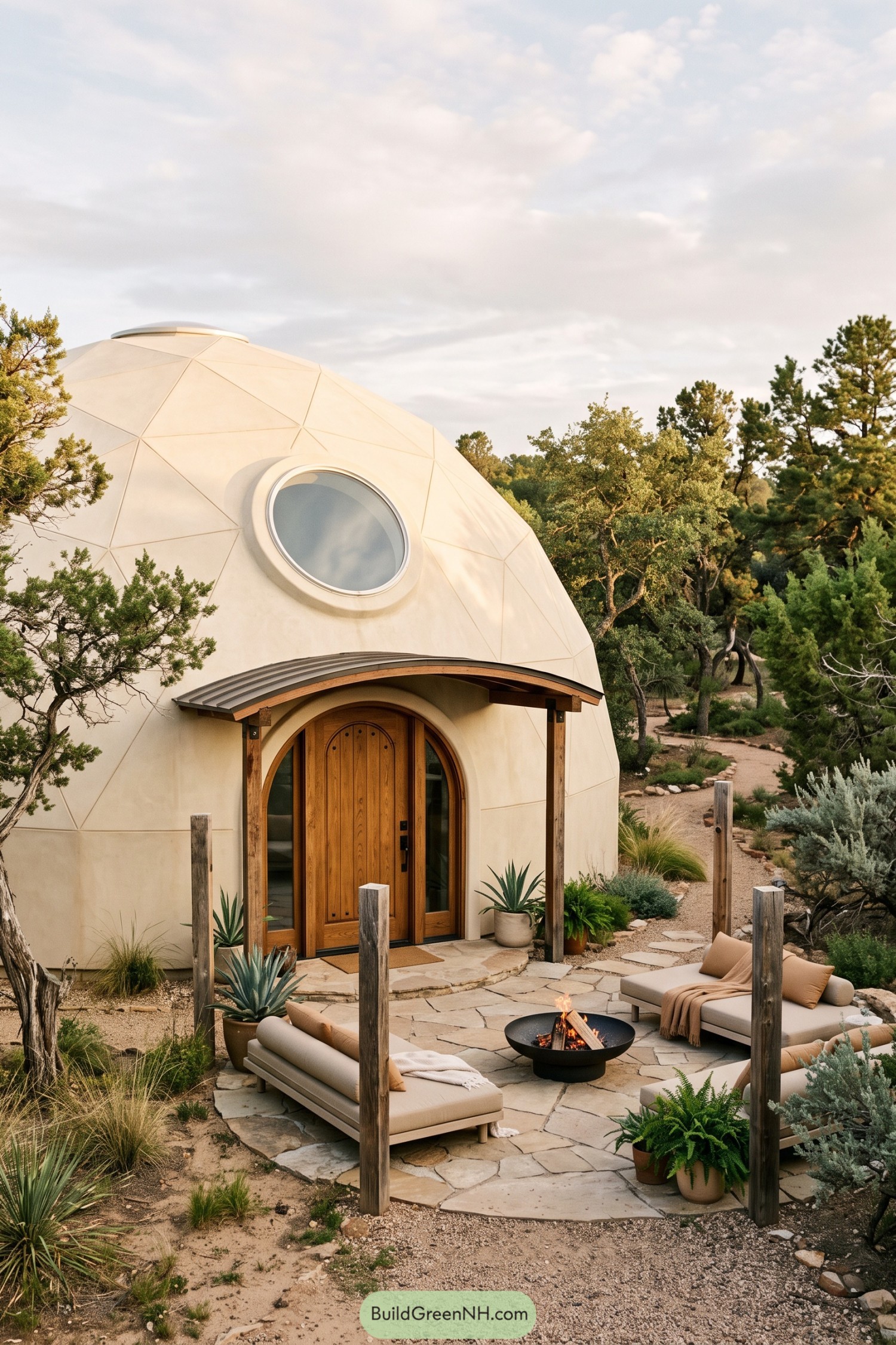 Cream geodesic dome with arched wood entry and fire patio among junipers