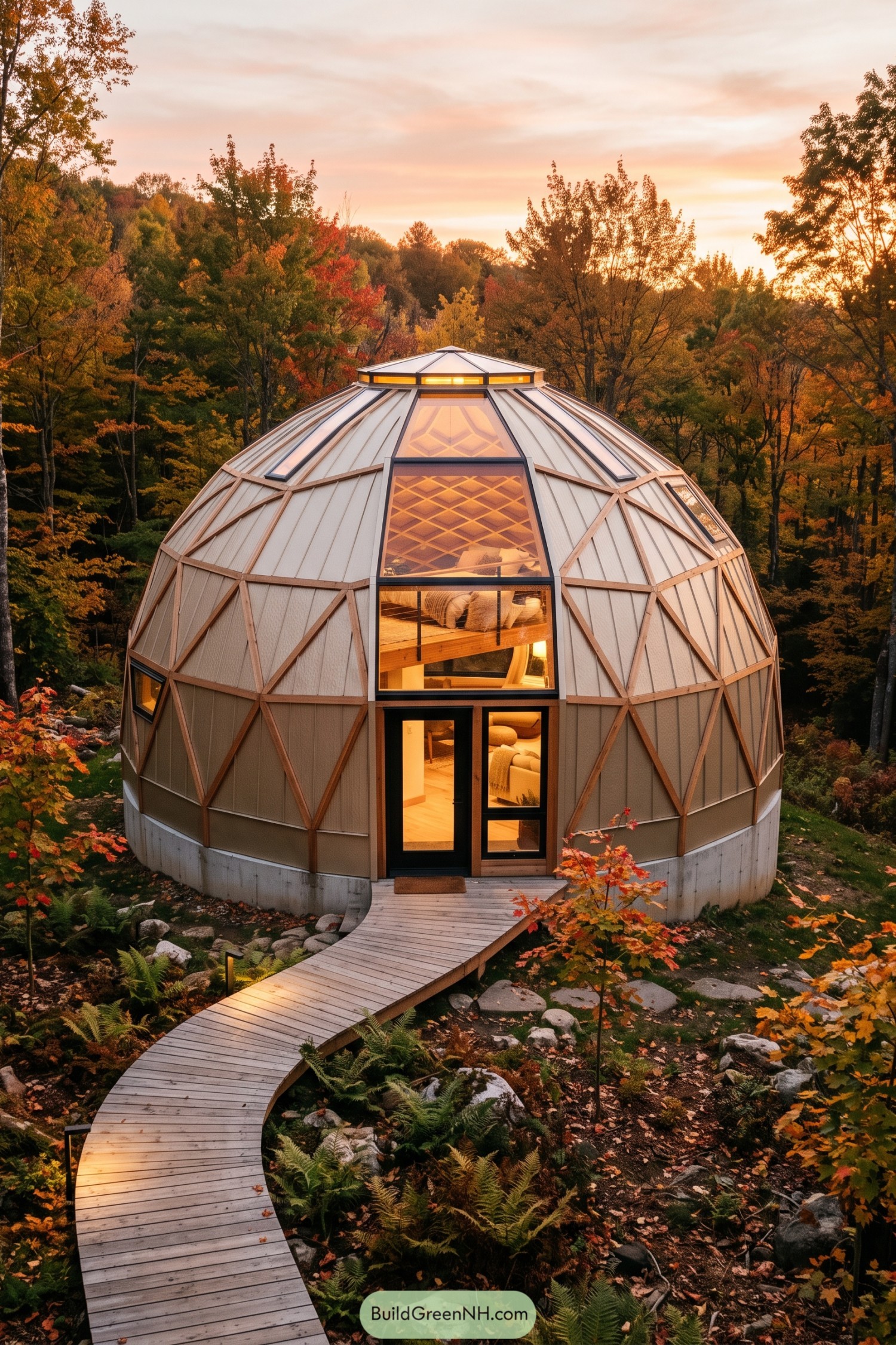Timber-framed dome home nestled among autumn trees