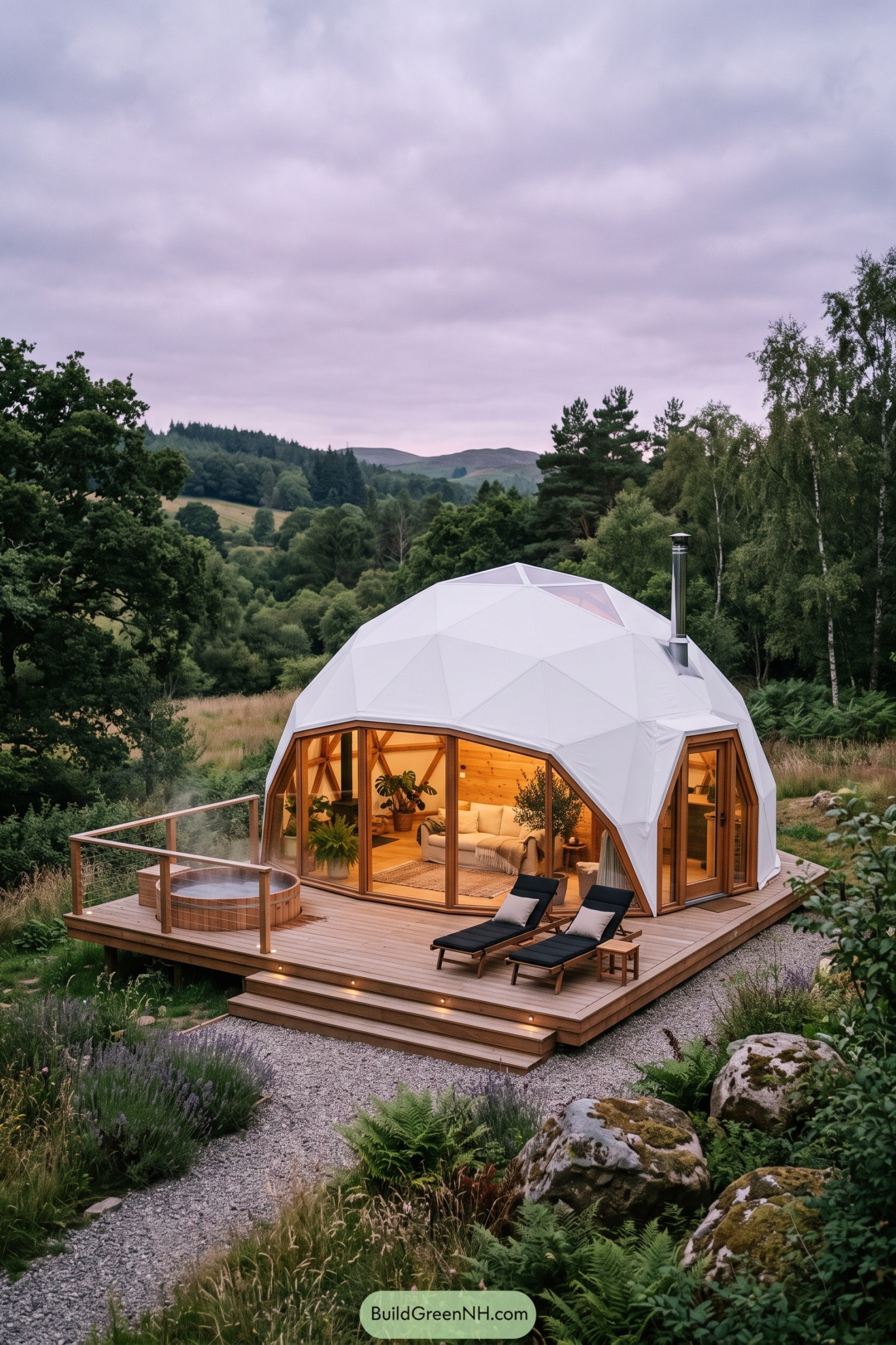 White geodesic cabin with hot tub on a forest deck