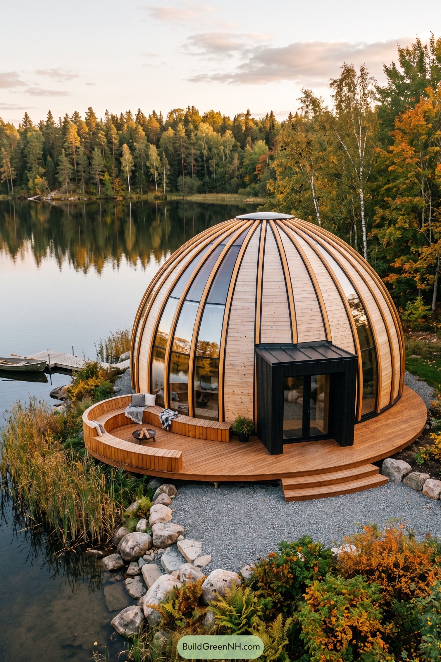 Wood-clad dome retreat beside an autumn lake