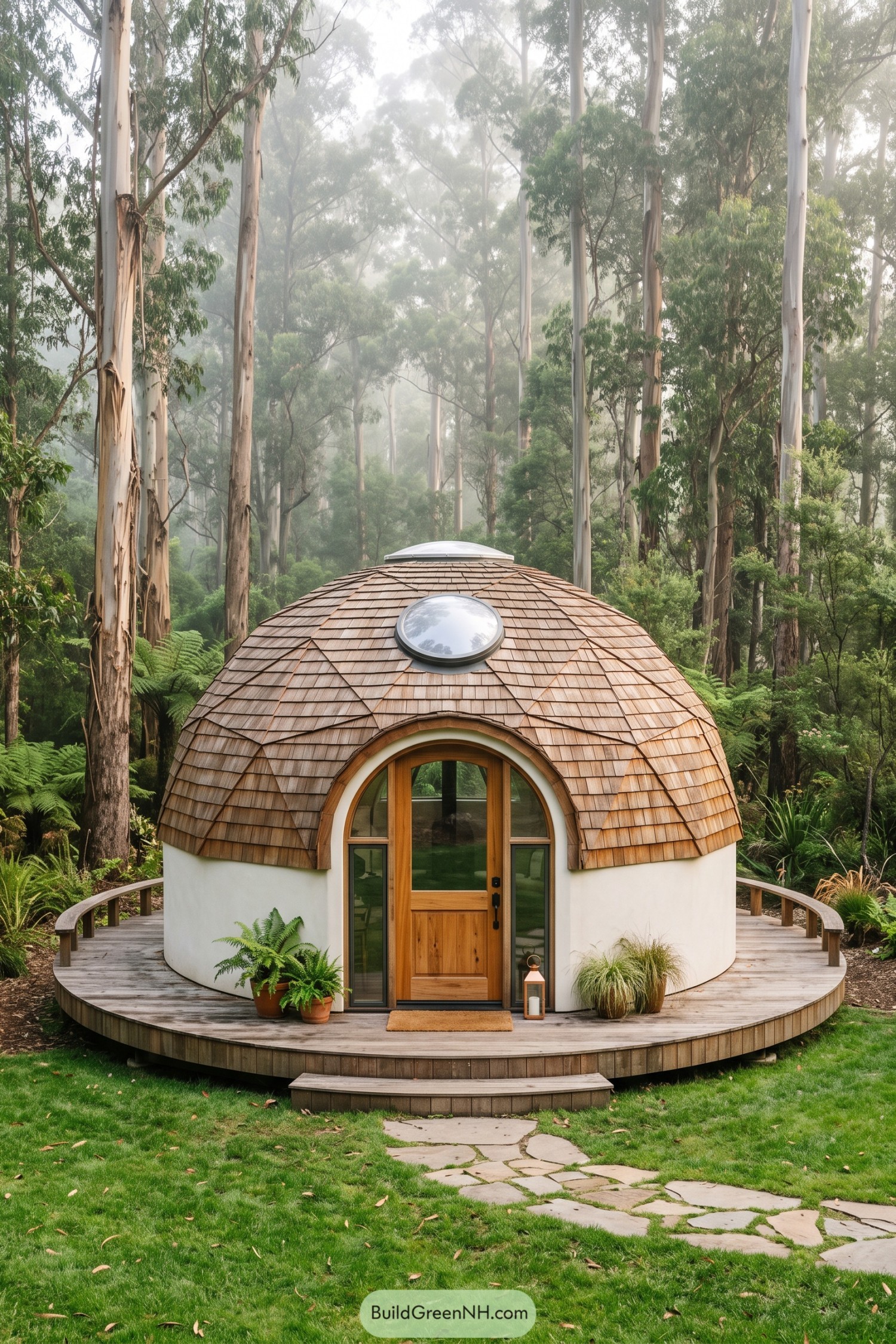 Shingled geodesic dome nestled among tall eucalyptus trees