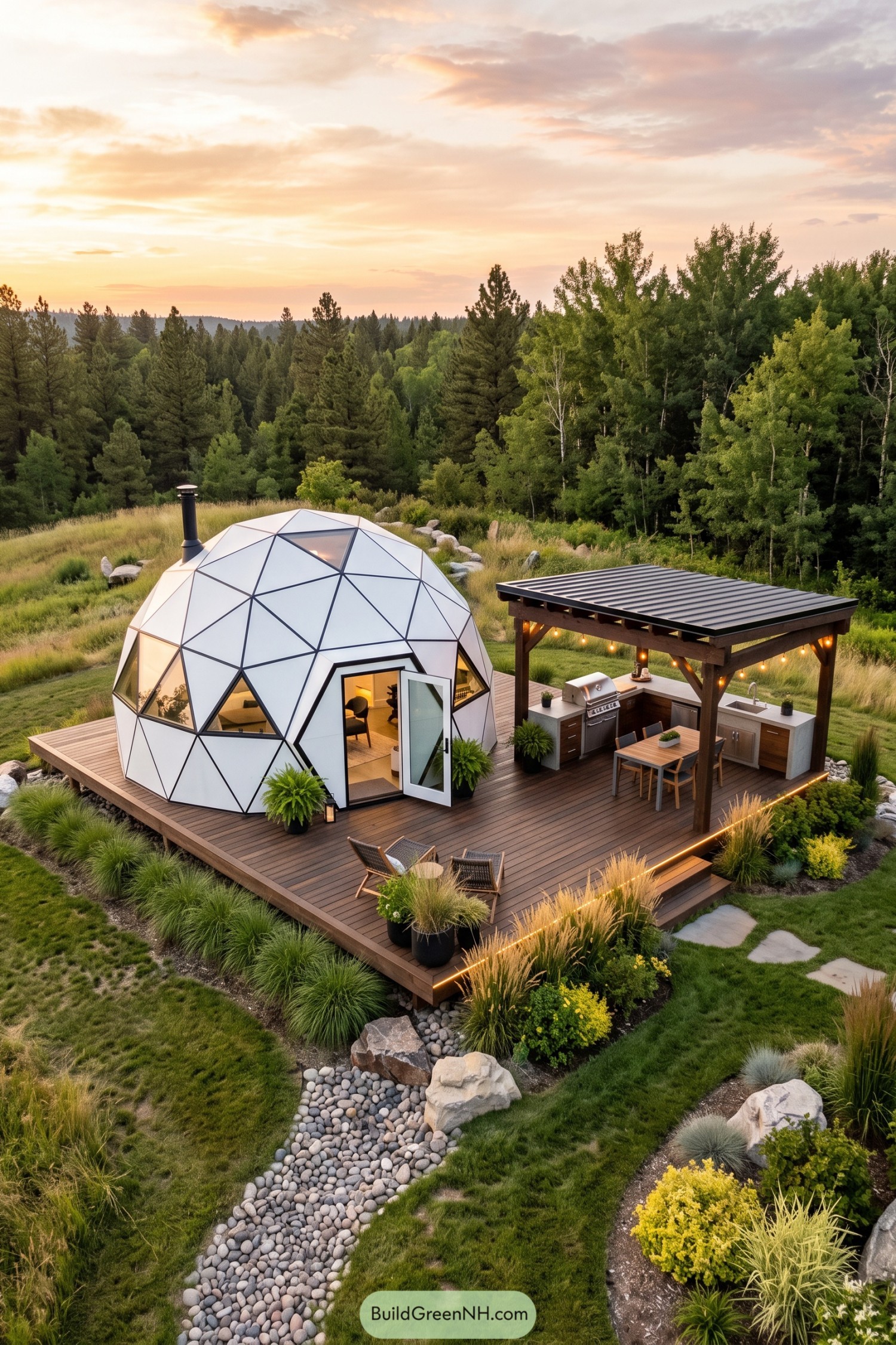 White geodesic dome with a deck kitchen in a forest meadow