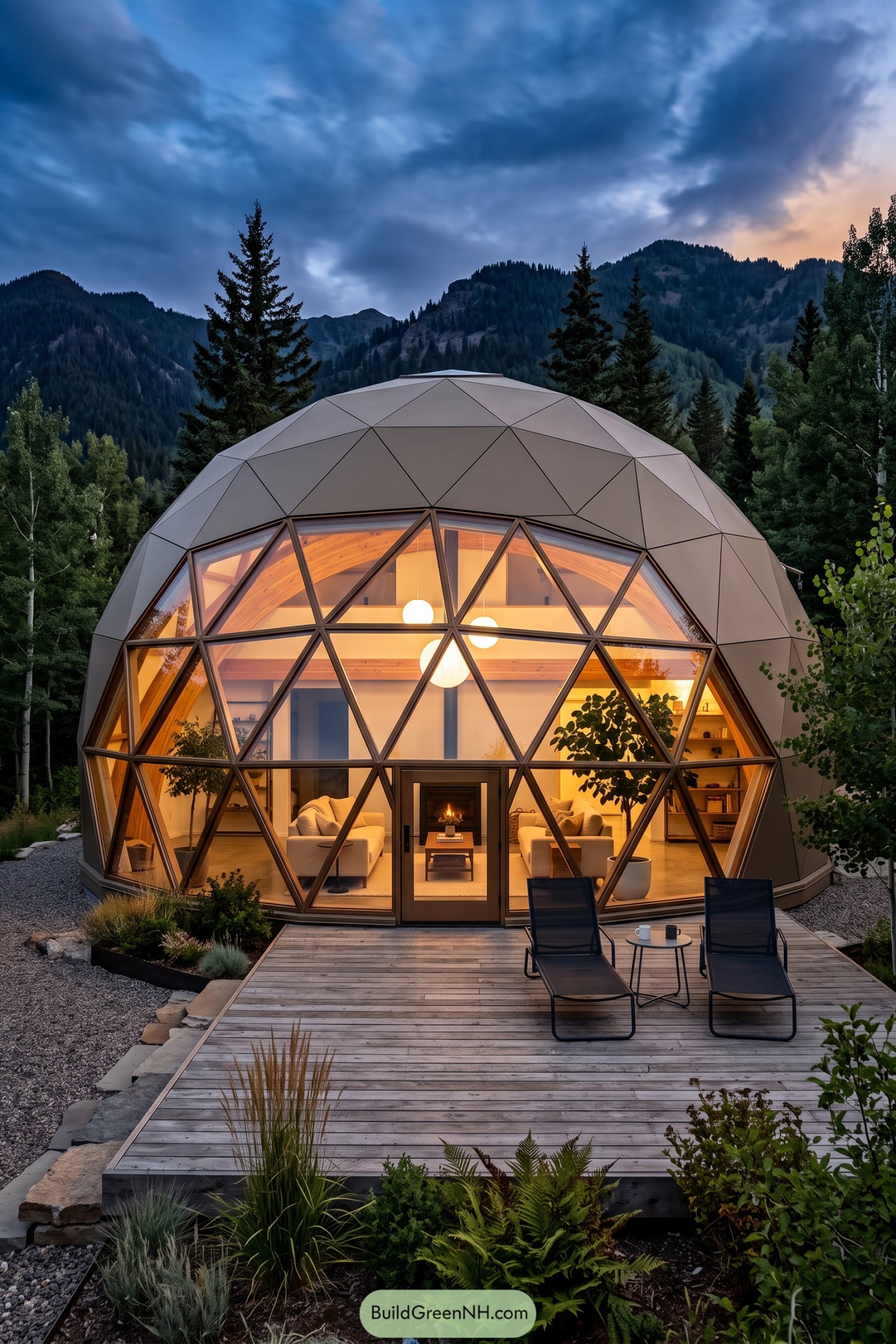 Geodesic glass dome with mountain views at dusk