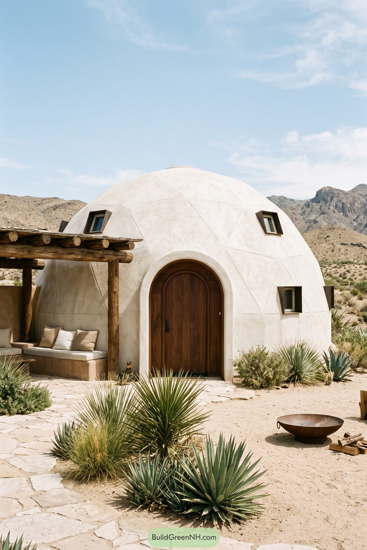 White stucco geodesic dome with timber patio in a desert setting