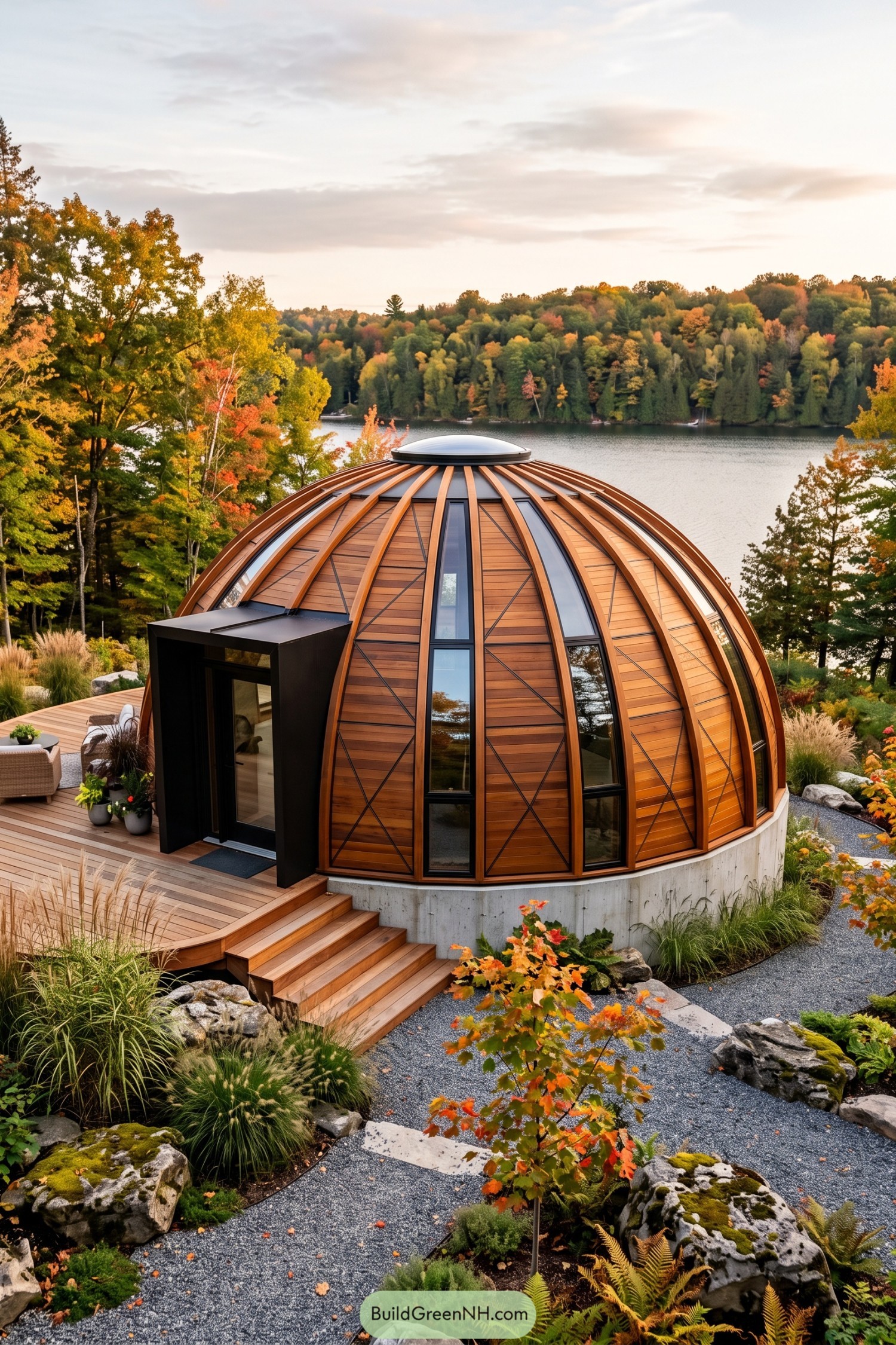 Timber dome home overlooking a lake in autumn
