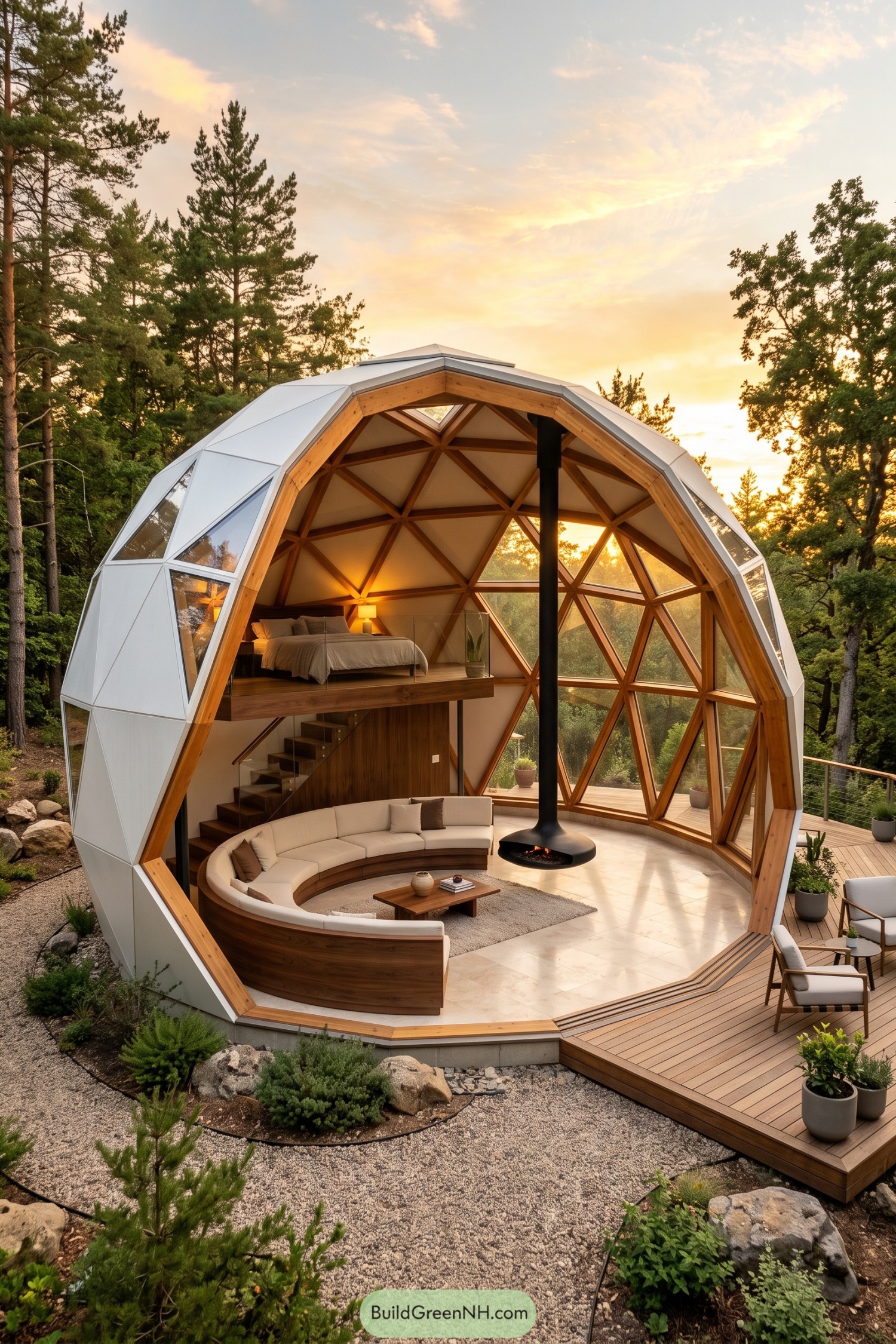 Wood framed geodesic home with loft and suspended fireplace