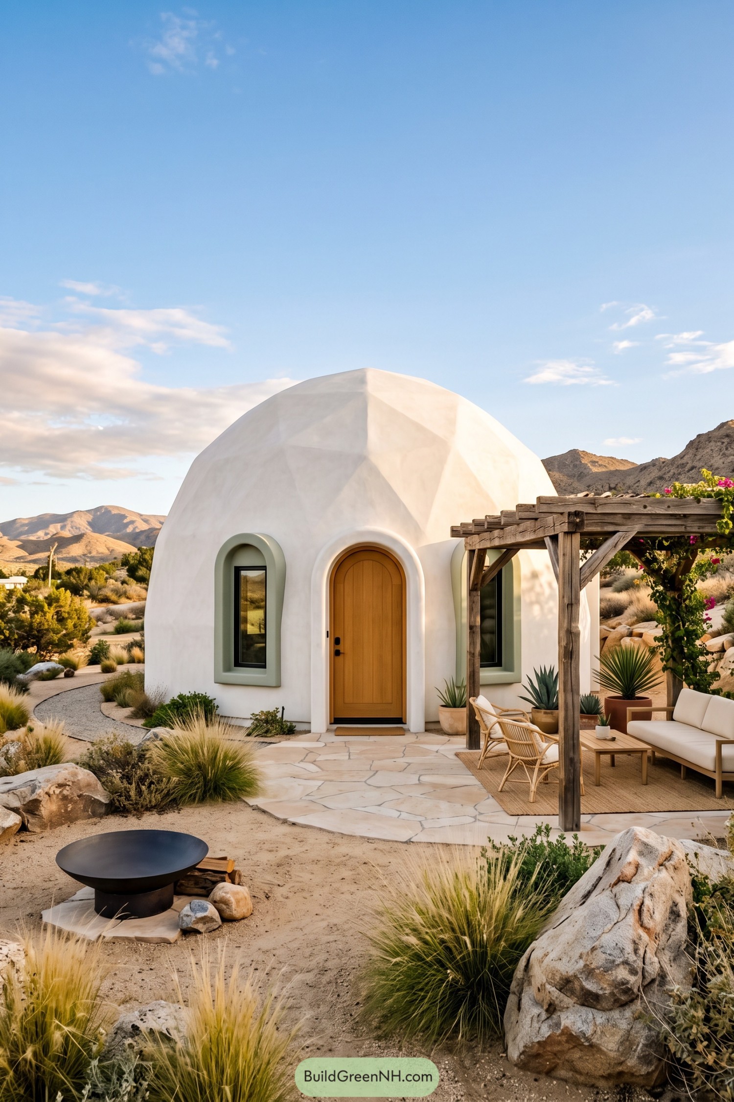White geodesic dome home with a pergola patio in the desert