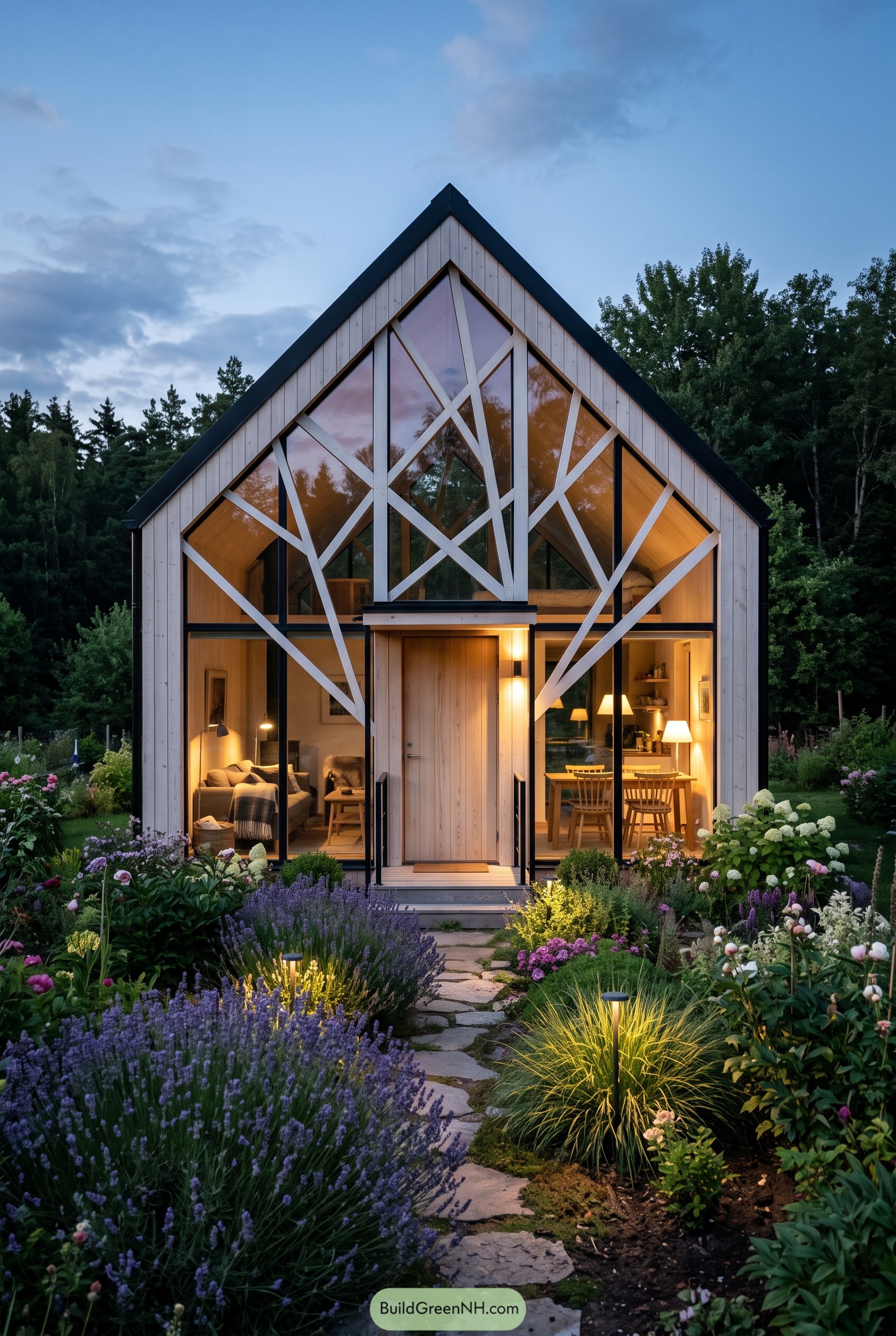 Glass gable cabin with angular white framing