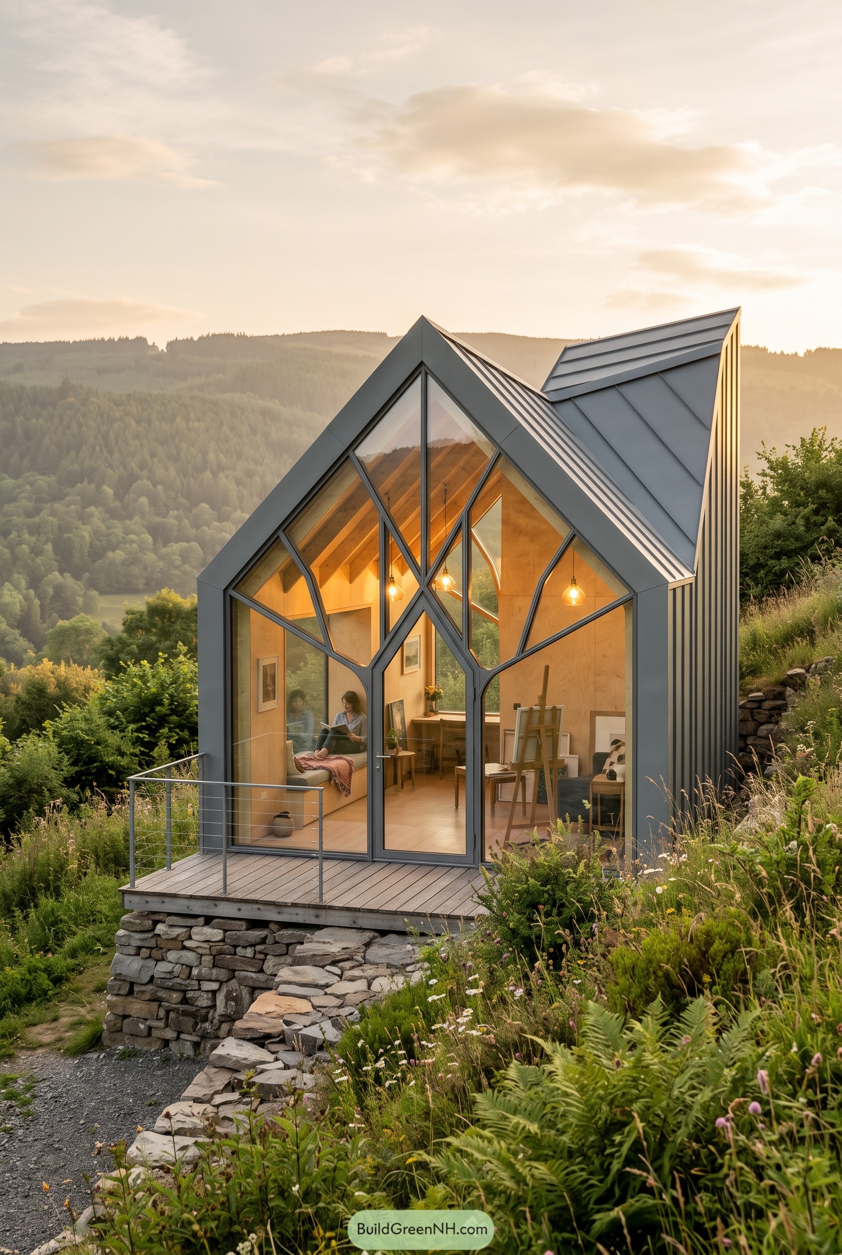 Geometric glass cabin on a hillside