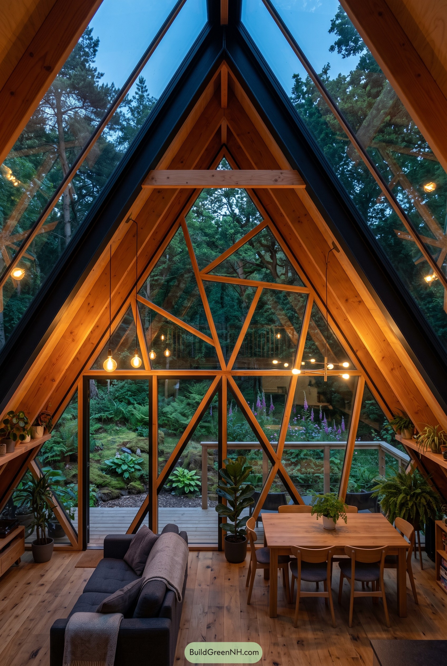 Interior of glass A-frame cabin overlooking forest