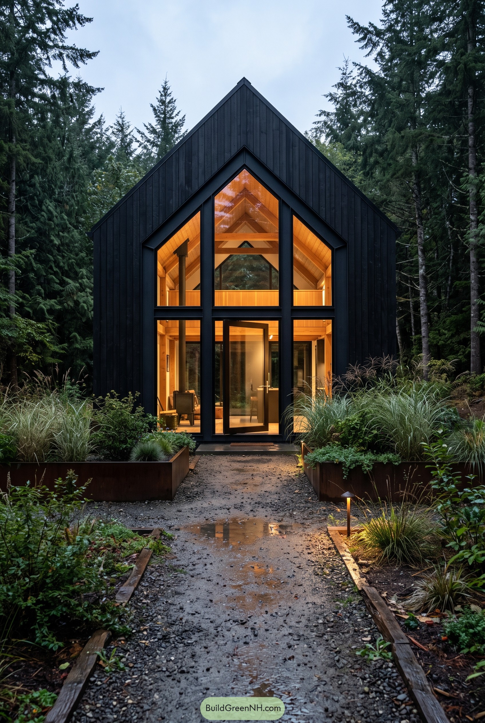 Black gabled glass cabin in a forest