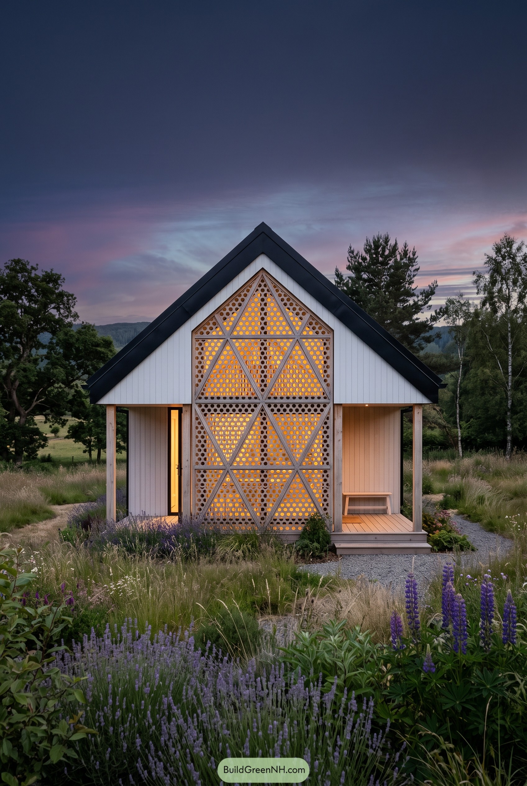 Modern gable cabin with glowing geometric timber screen