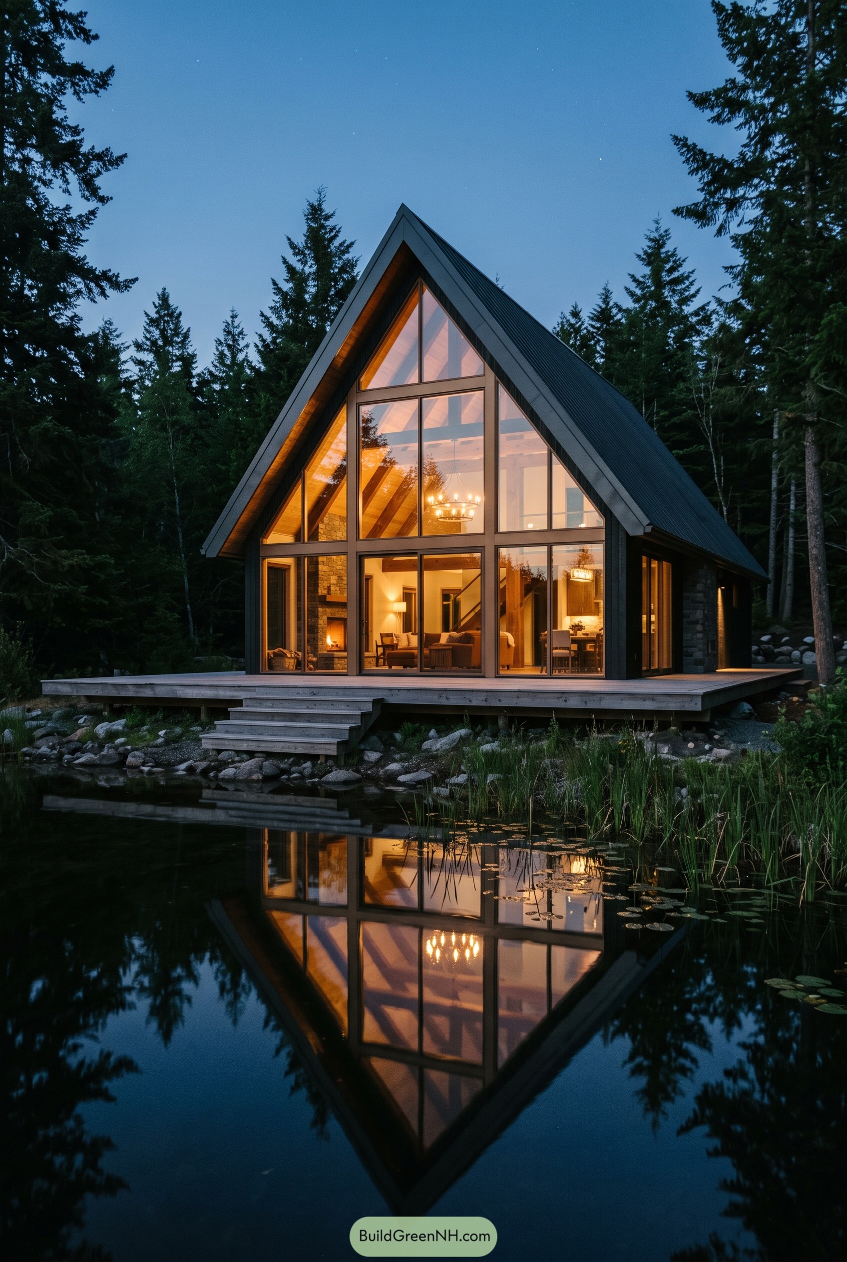 Glass A-frame cabin glowing beside a forest pond