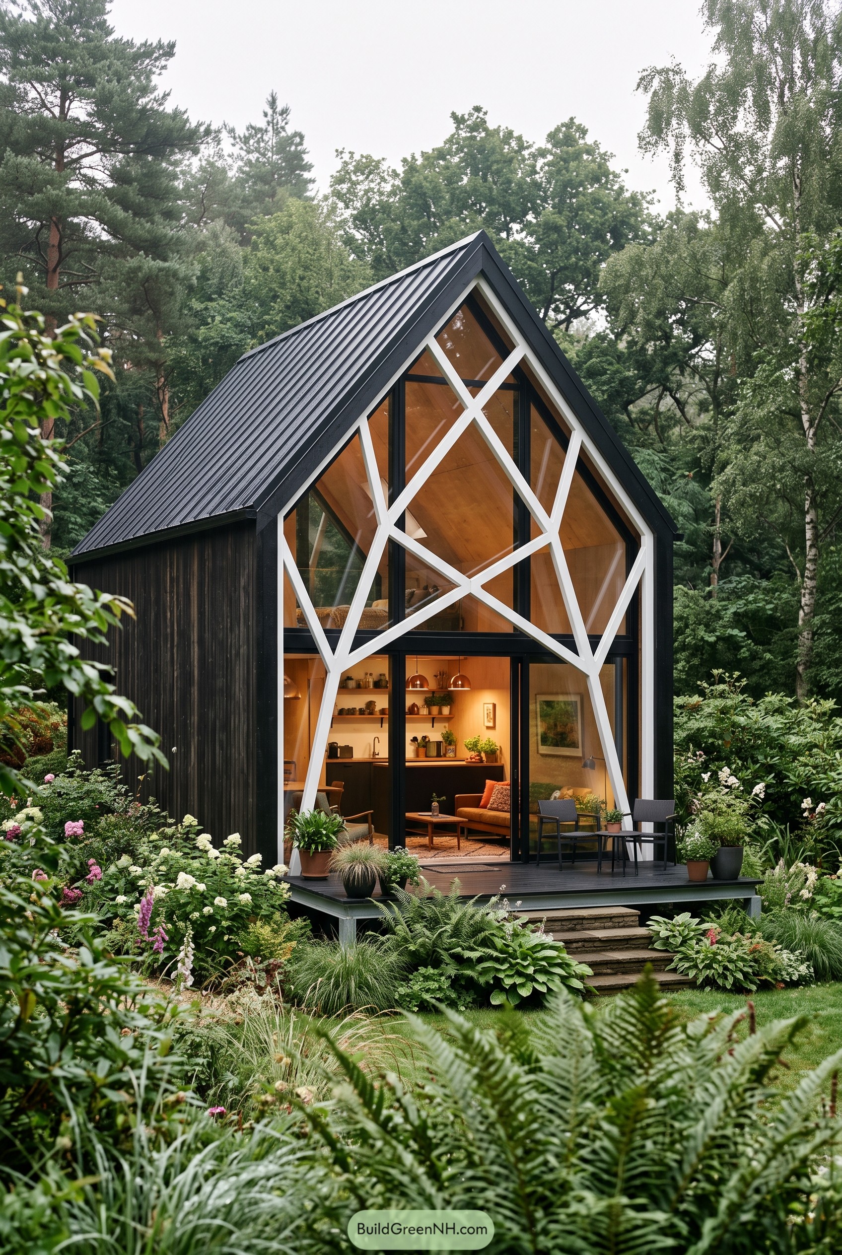 Glass A frame cabin in a lush garden