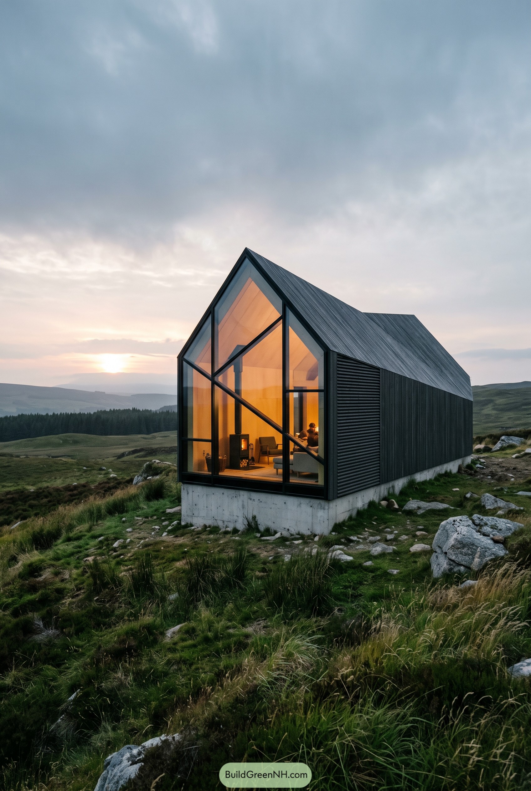 Glass front cabin on a grassy hillside at sunset