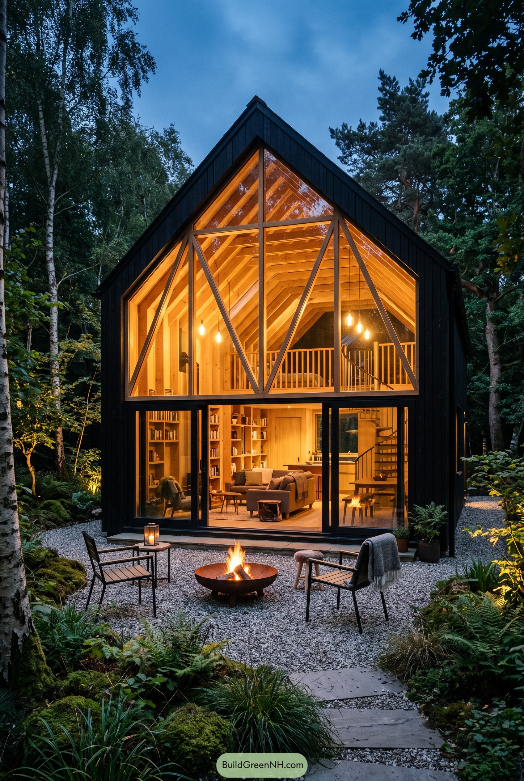 Black glass cabin glowing in forest