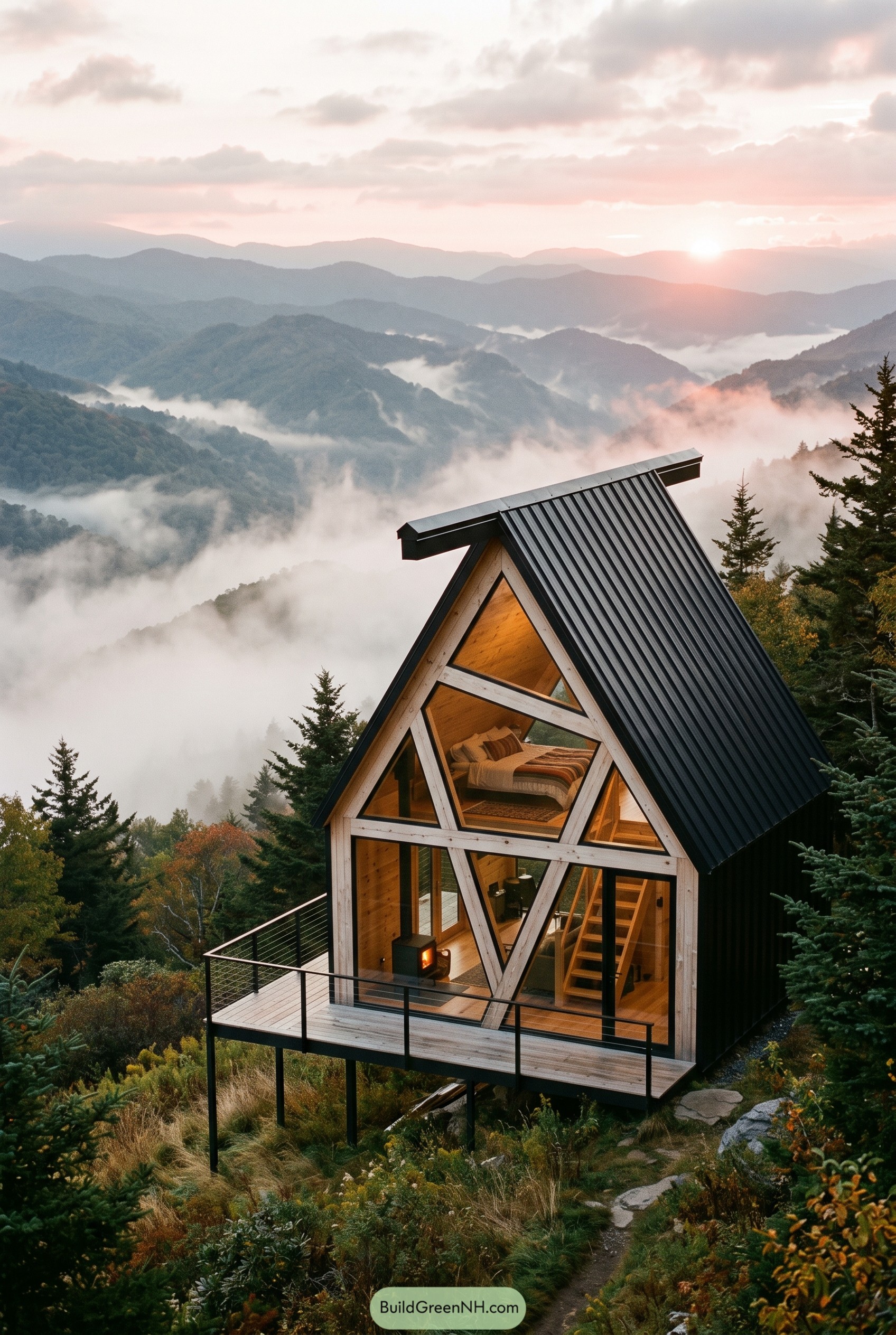 Geometric glass cabin over misty mountains