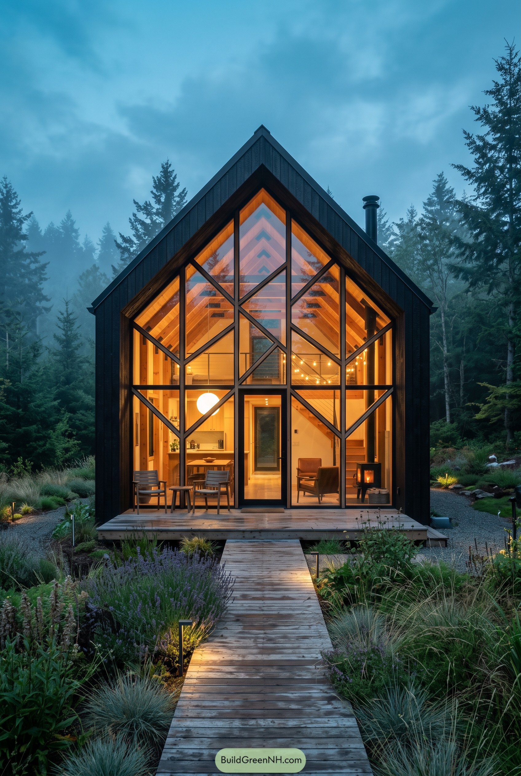 Black gabled cabin with geometric glass facade
