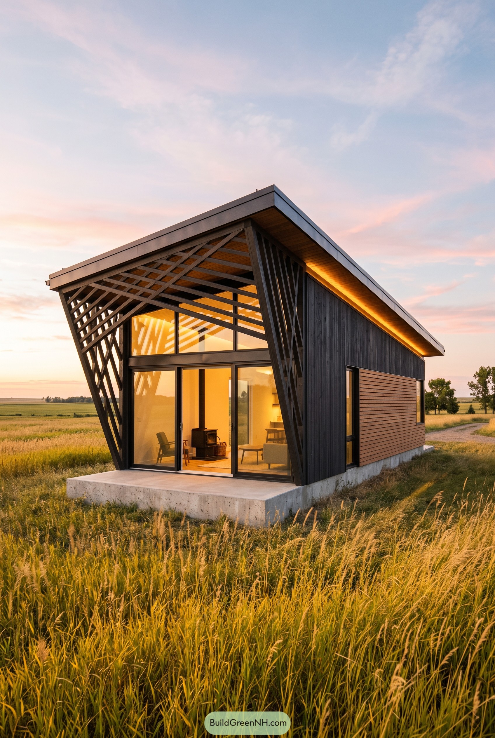 Modern glass cabin with angled lattice framing