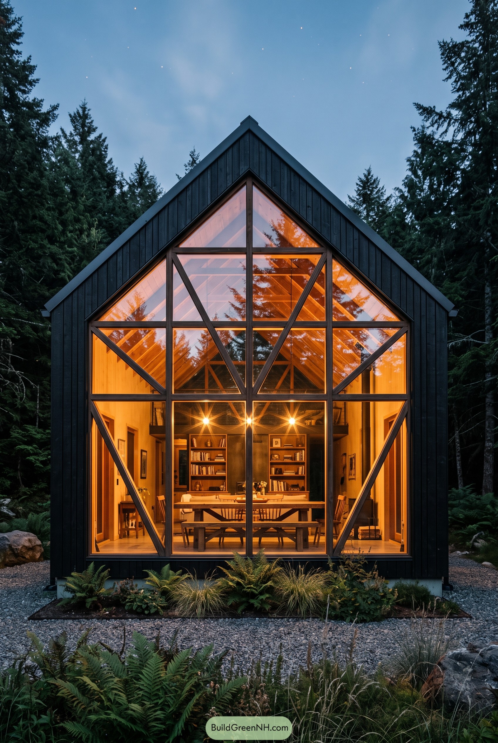 Black gable cabin with geometric glass facade