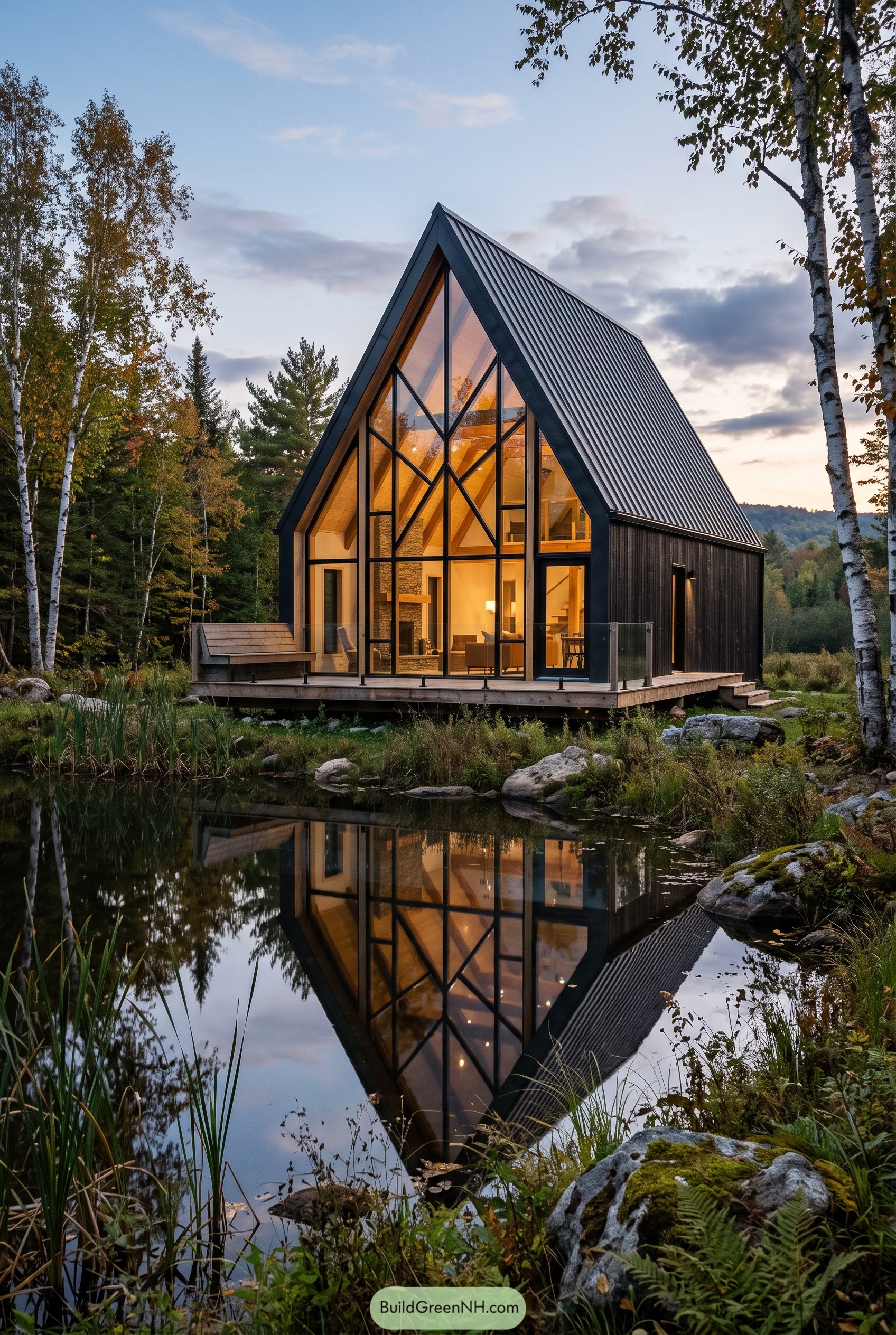 Black A-frame glass cabin by a pond