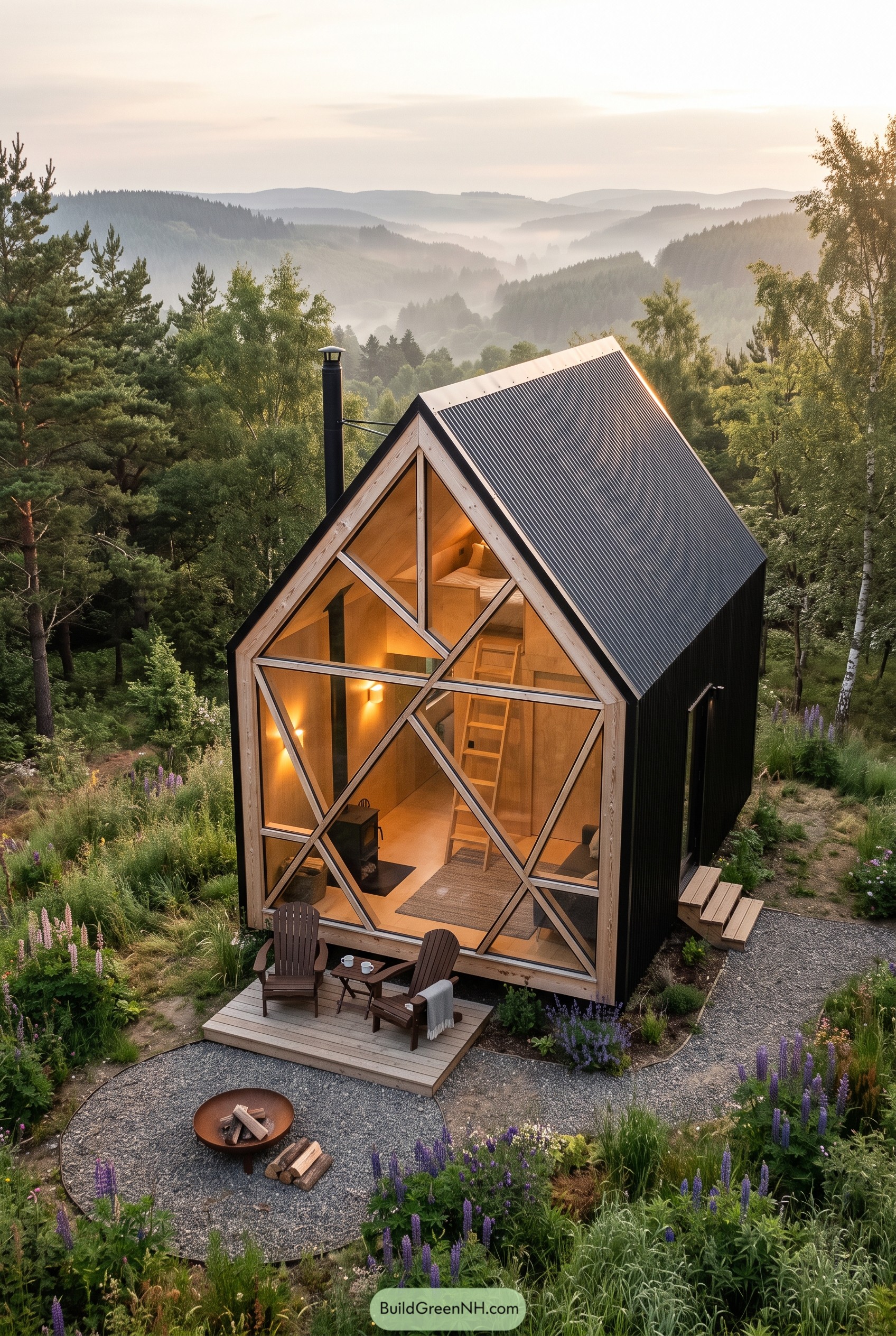 Geometric glass cabin overlooking a forest valley