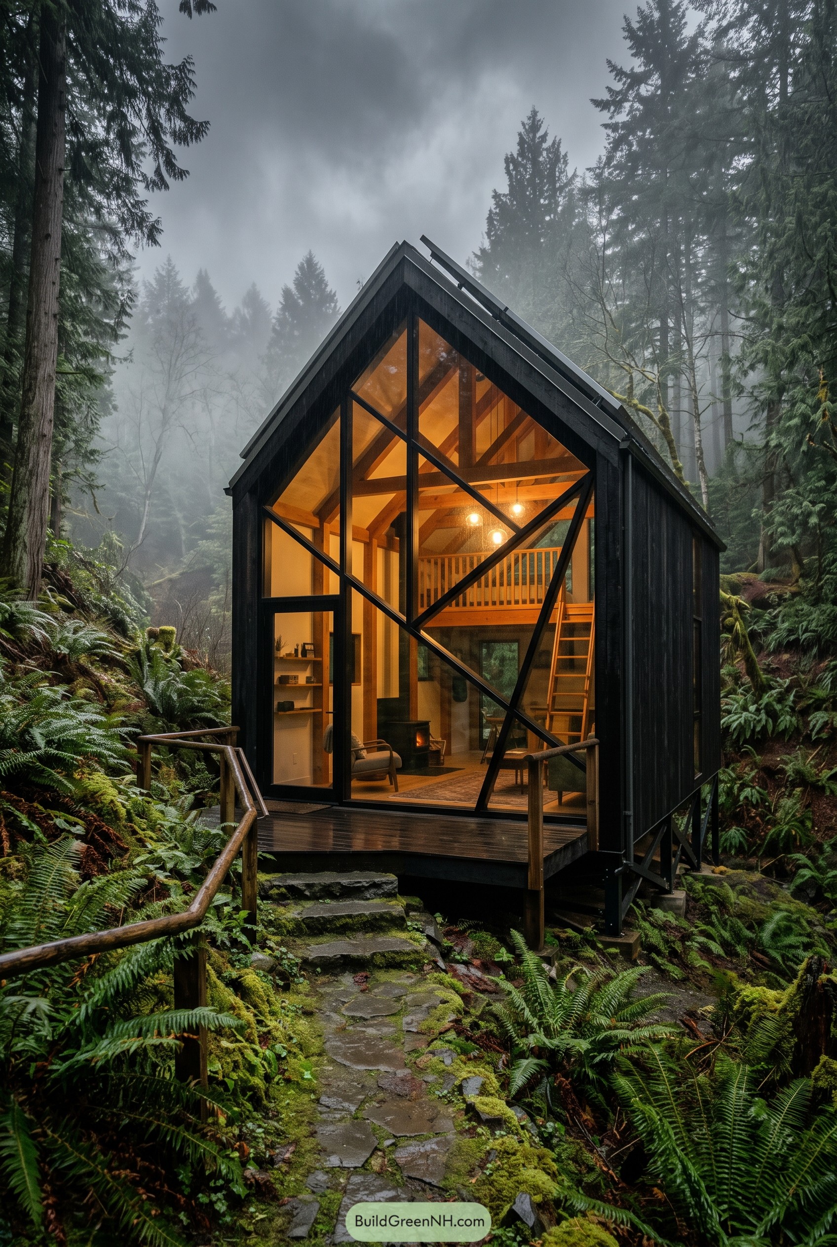 Black glass cabin in a misty fern forest