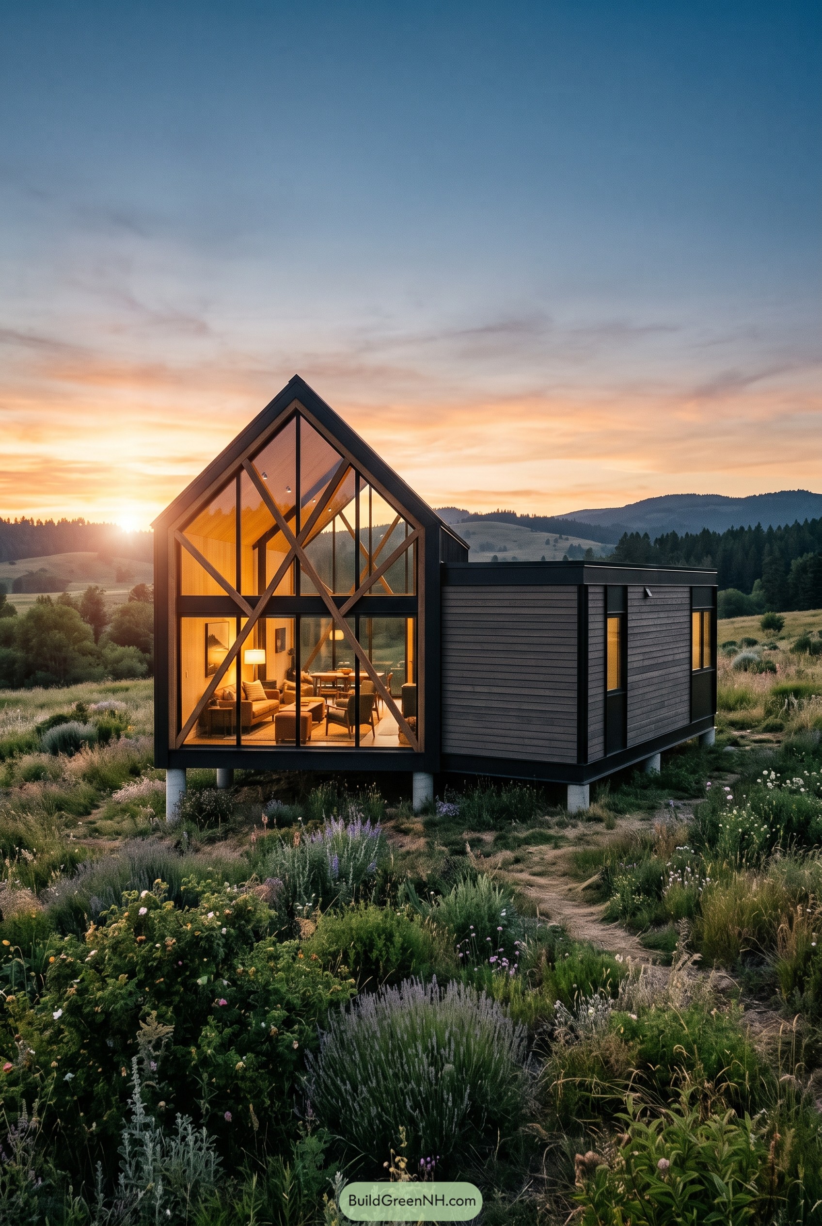Glass gable cabin with timber X bracing