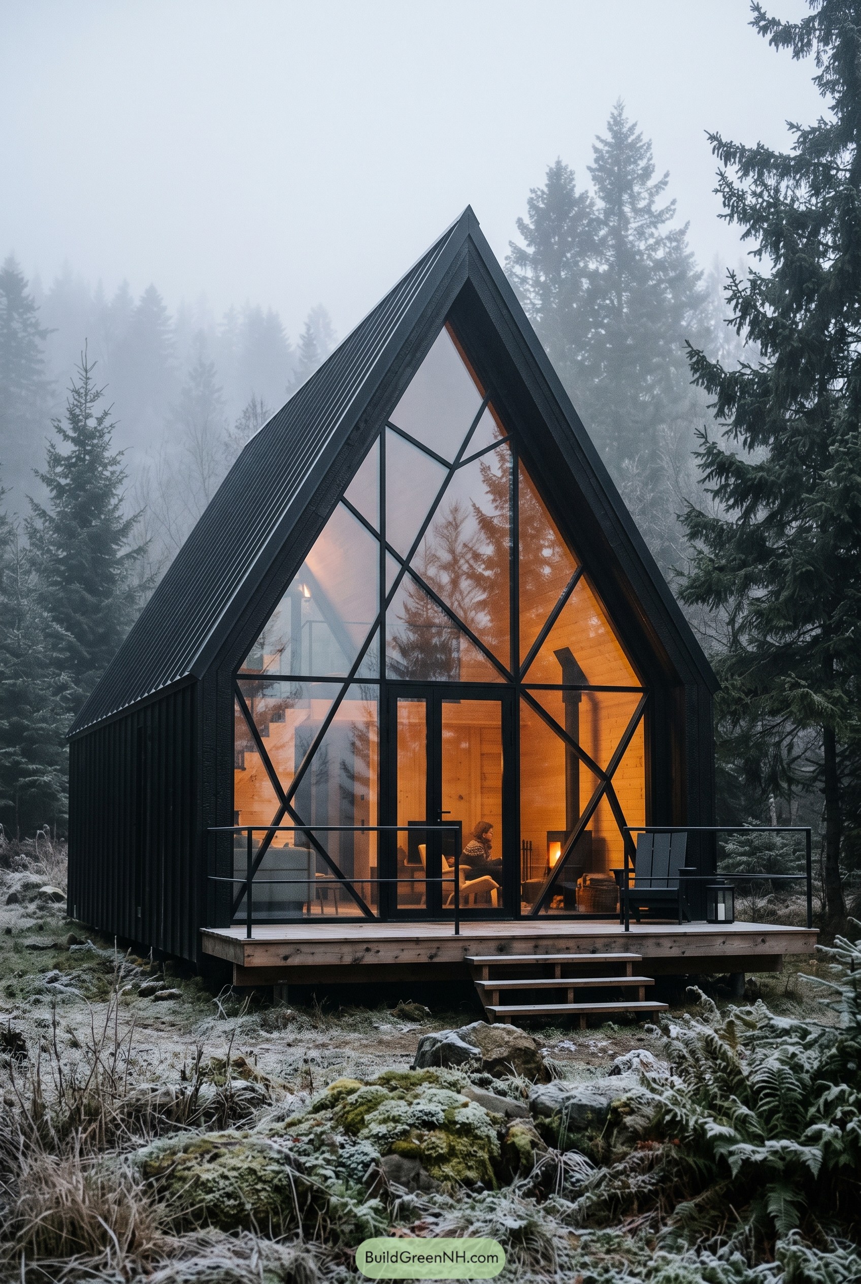 Black A-frame glass cabin in misty forest