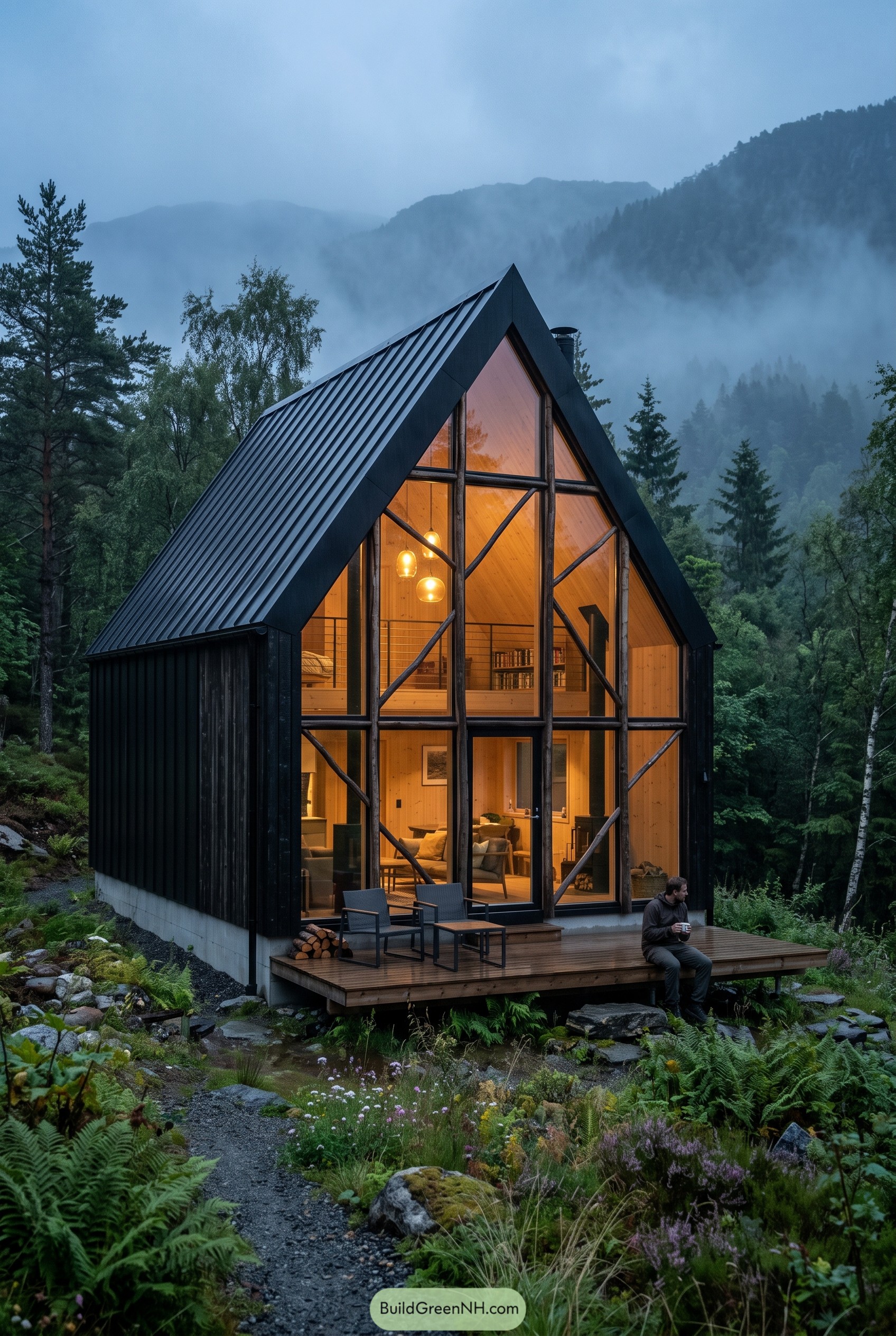 Black triangular cabin with branch framed glass facade