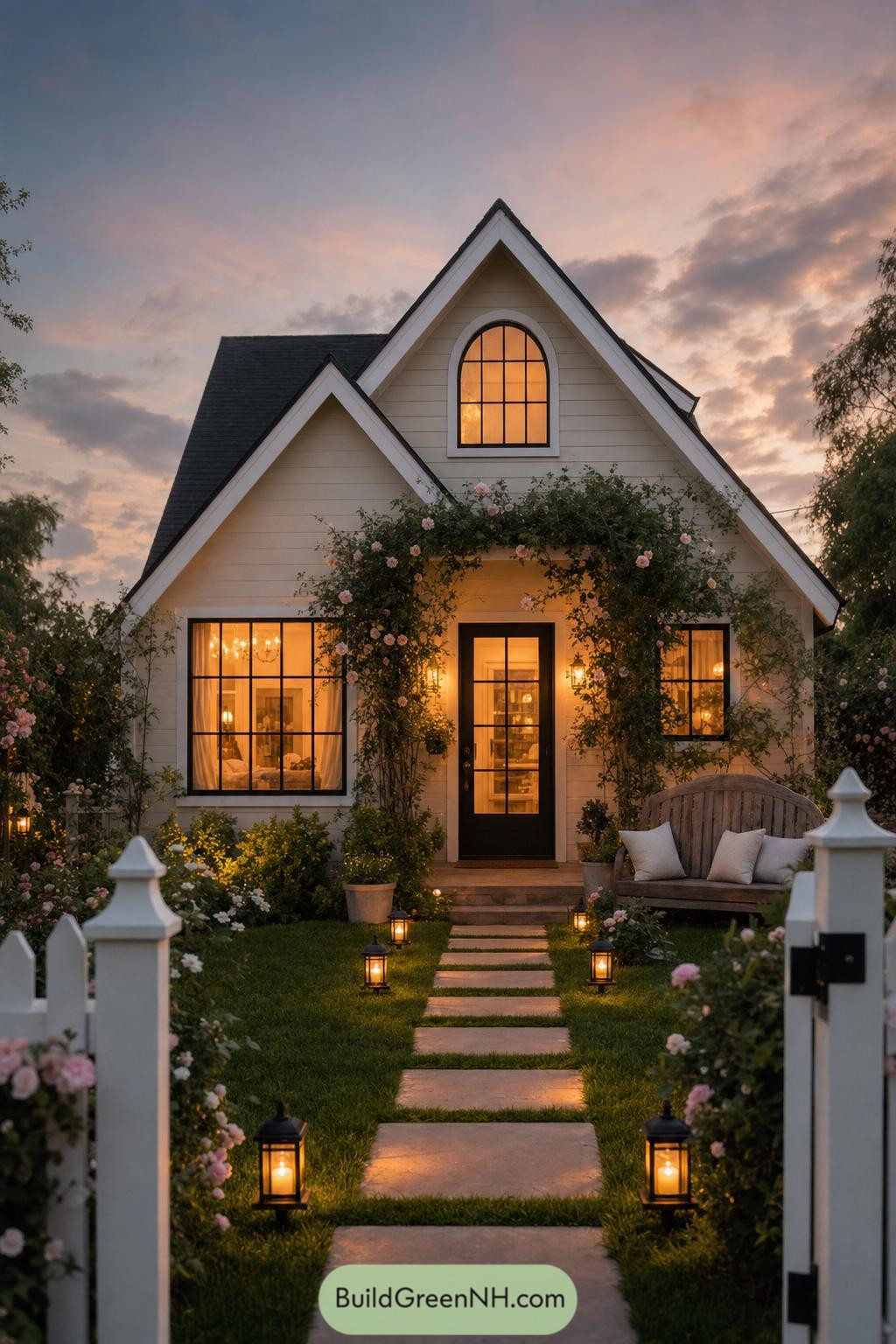 Cream cottage with rose-covered entry and lantern path at dusk