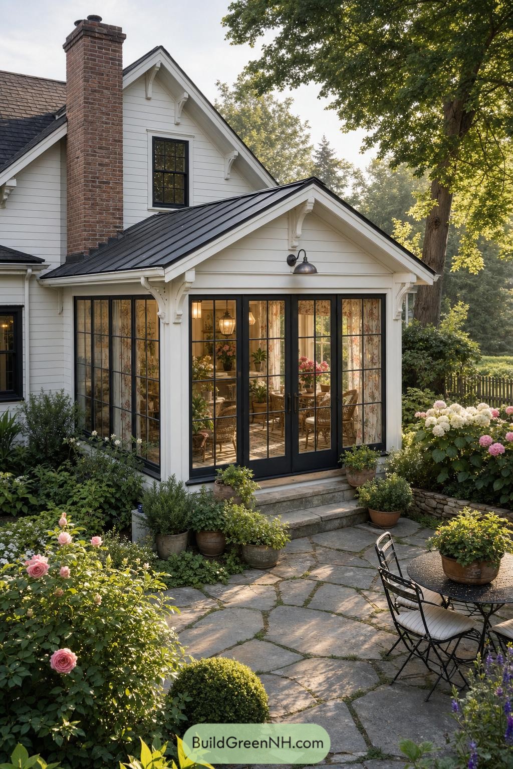 White cottage sunroom with black French doors and flower-filled stone patio