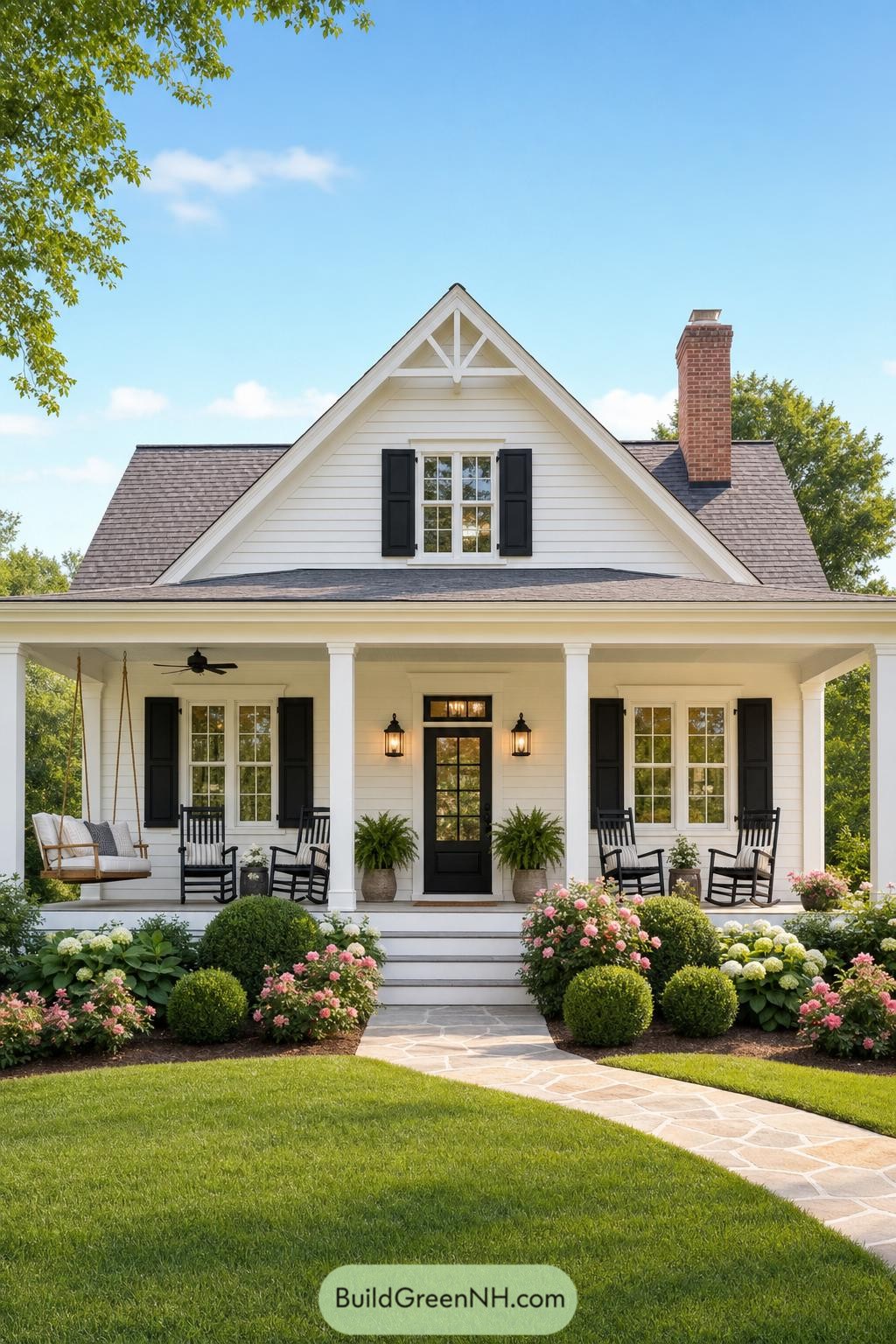 White gabled cottage with black shutters and wraparound porch