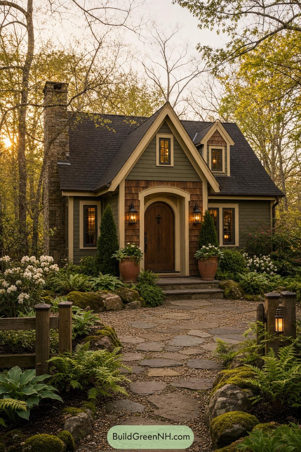 Woodland cottage with an arched wood door and stone chimney