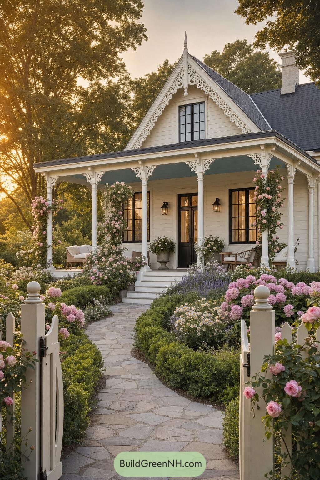 White Victorian cottage with ornate gable trim and rose-filled porch garden