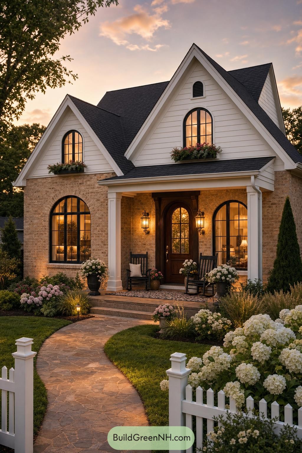 Brick cottage with arched windows flower boxes and a welcoming porch