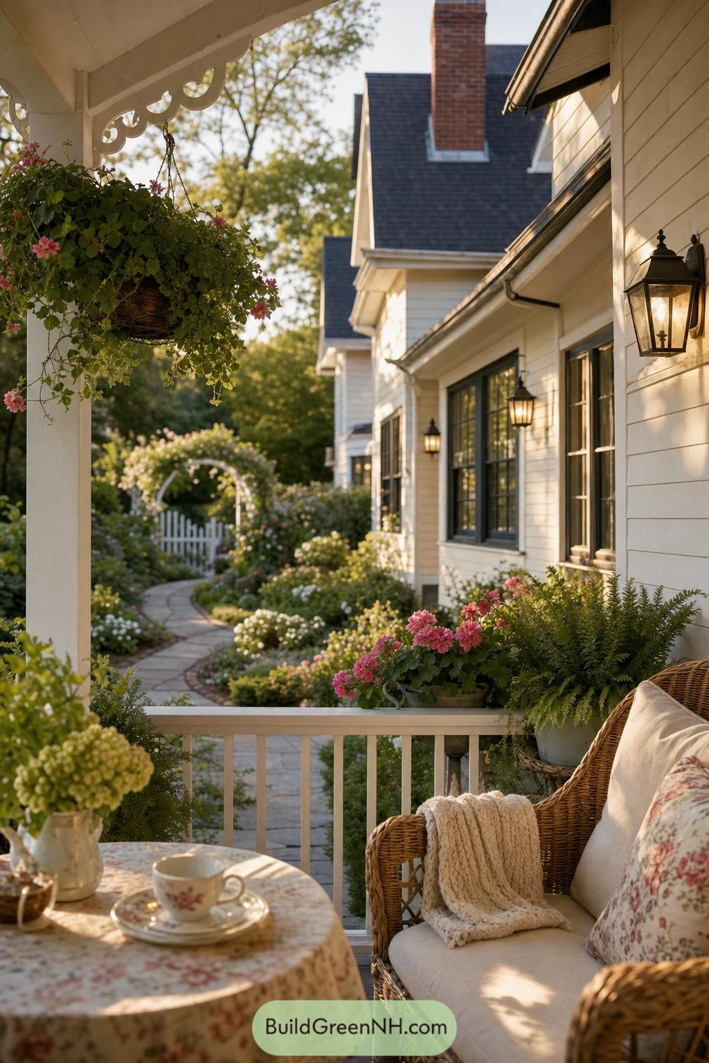 Wicker porch seating beside a flower-lined cottage path