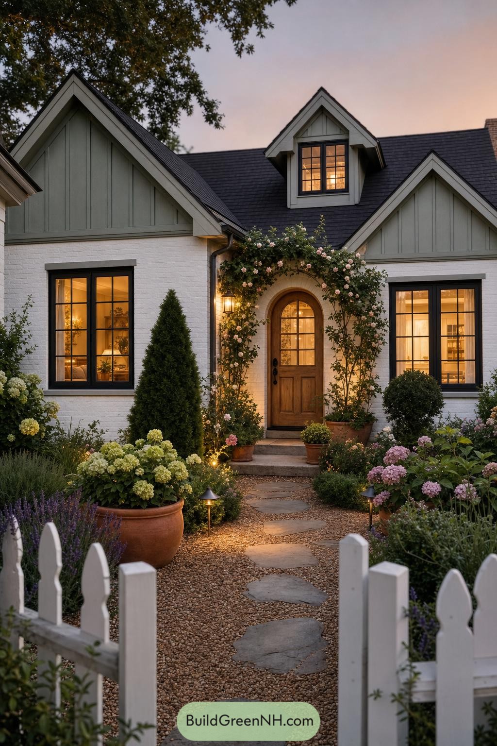White brick cottage with steep gables and a rose-covered arched entry