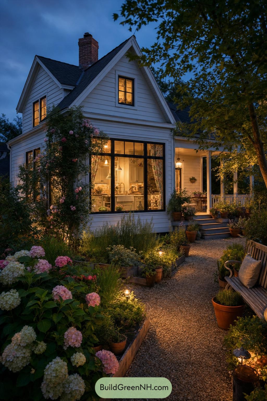 White cottage with glowing kitchen windows and a hydrangea-lined gravel path at dusk
