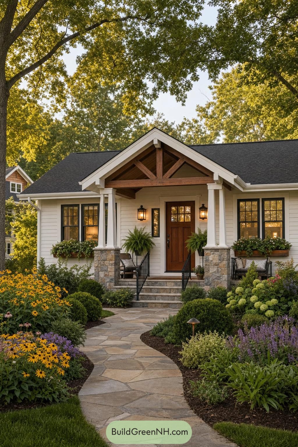 White cottage with timber porch truss stone columns and flower-lined path