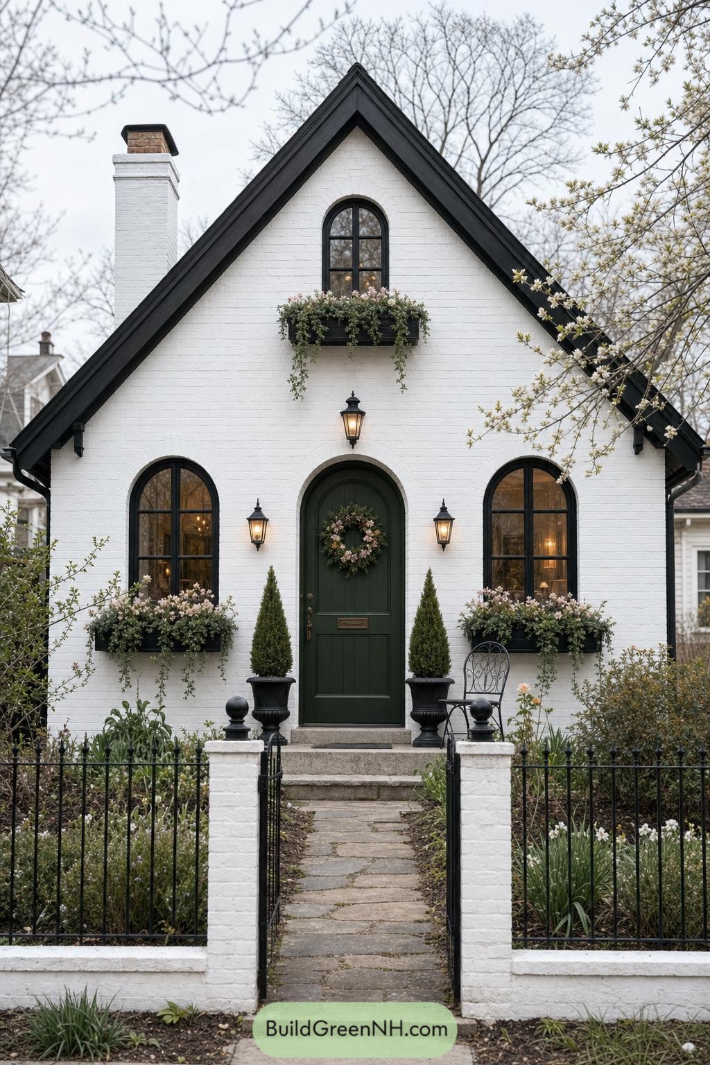 White brick cottage with black gables and garden window boxes