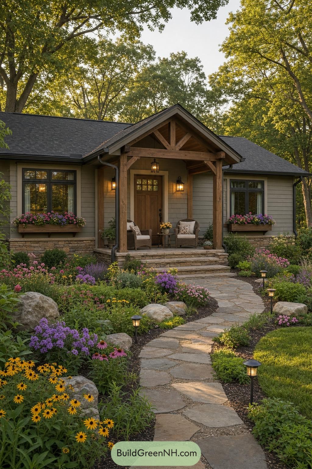Gray bungalow with timber porch and flower-lined stone path