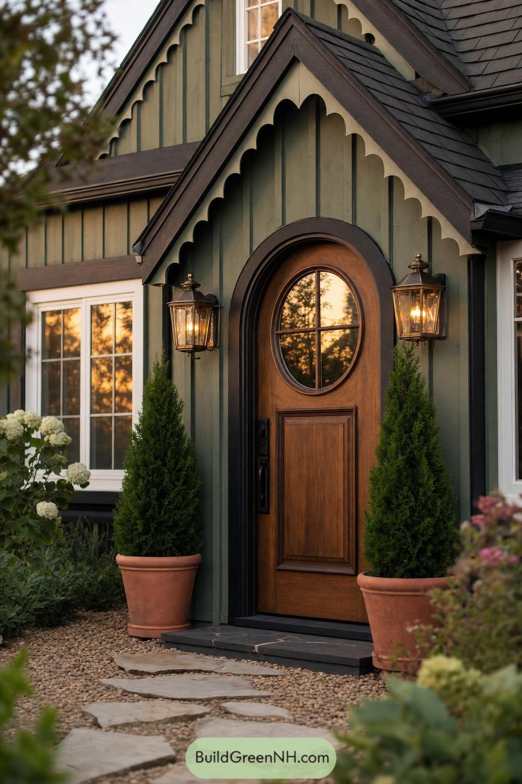 Green cottage entry with an arched wood door and lanterns
