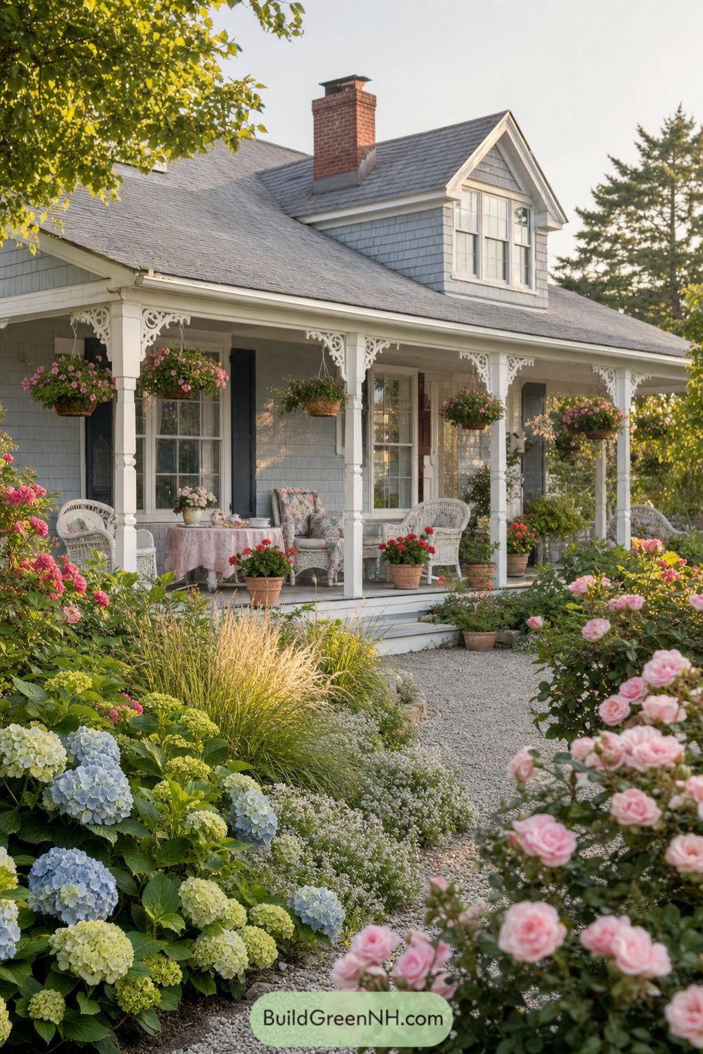 Gray shingle cottage with ornate white porch trim and flower garden
