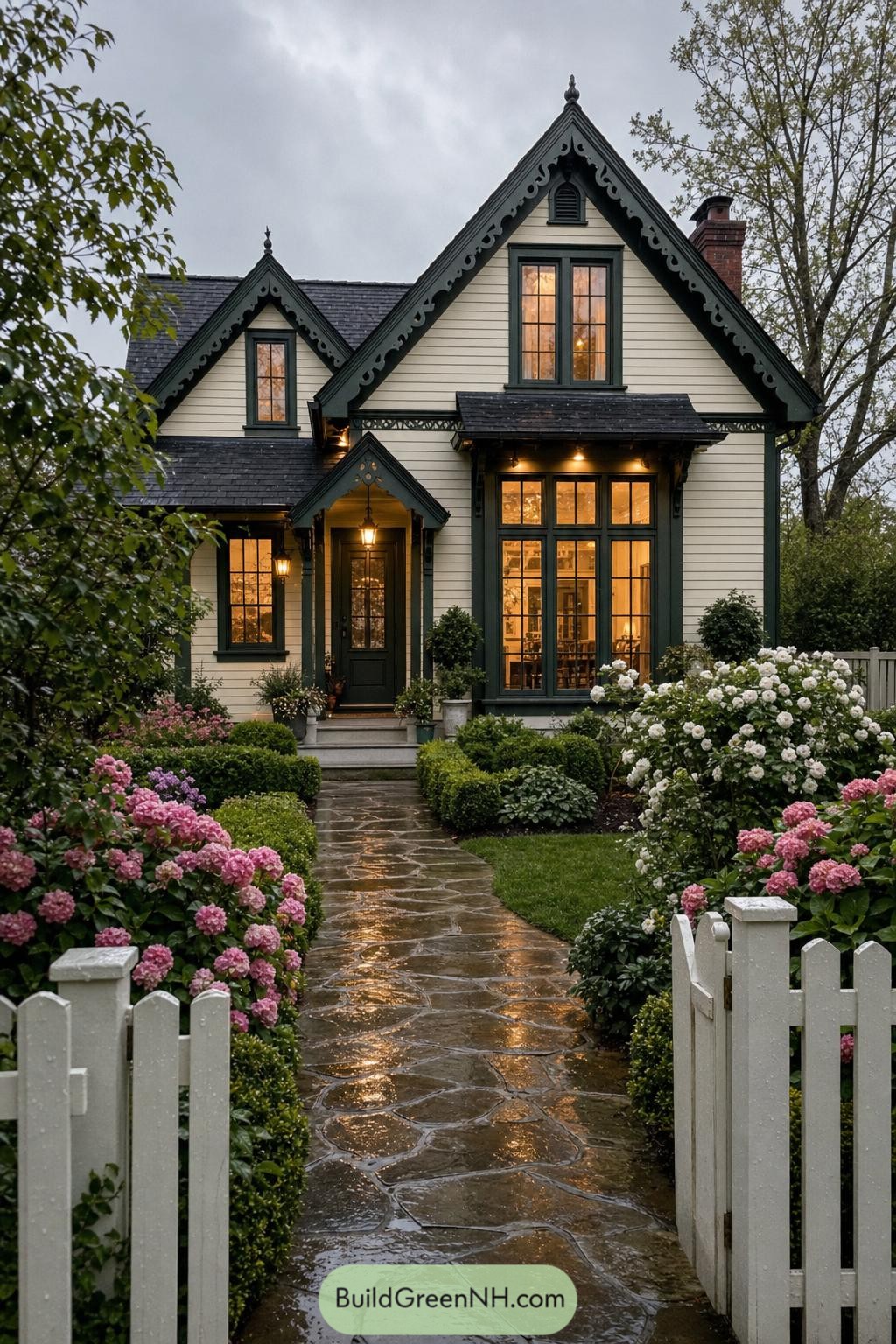 Cream cottage with dark green gables and a hydrangea-lined path