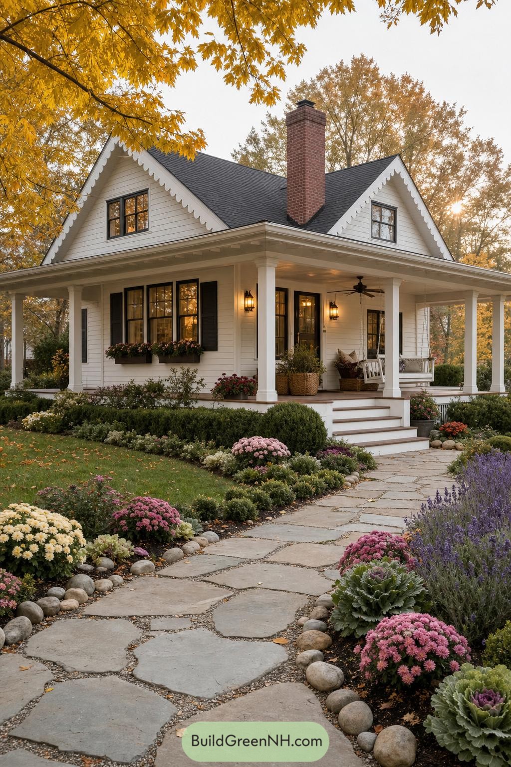 White clapboard cottage with scalloped gables and wraparound porch