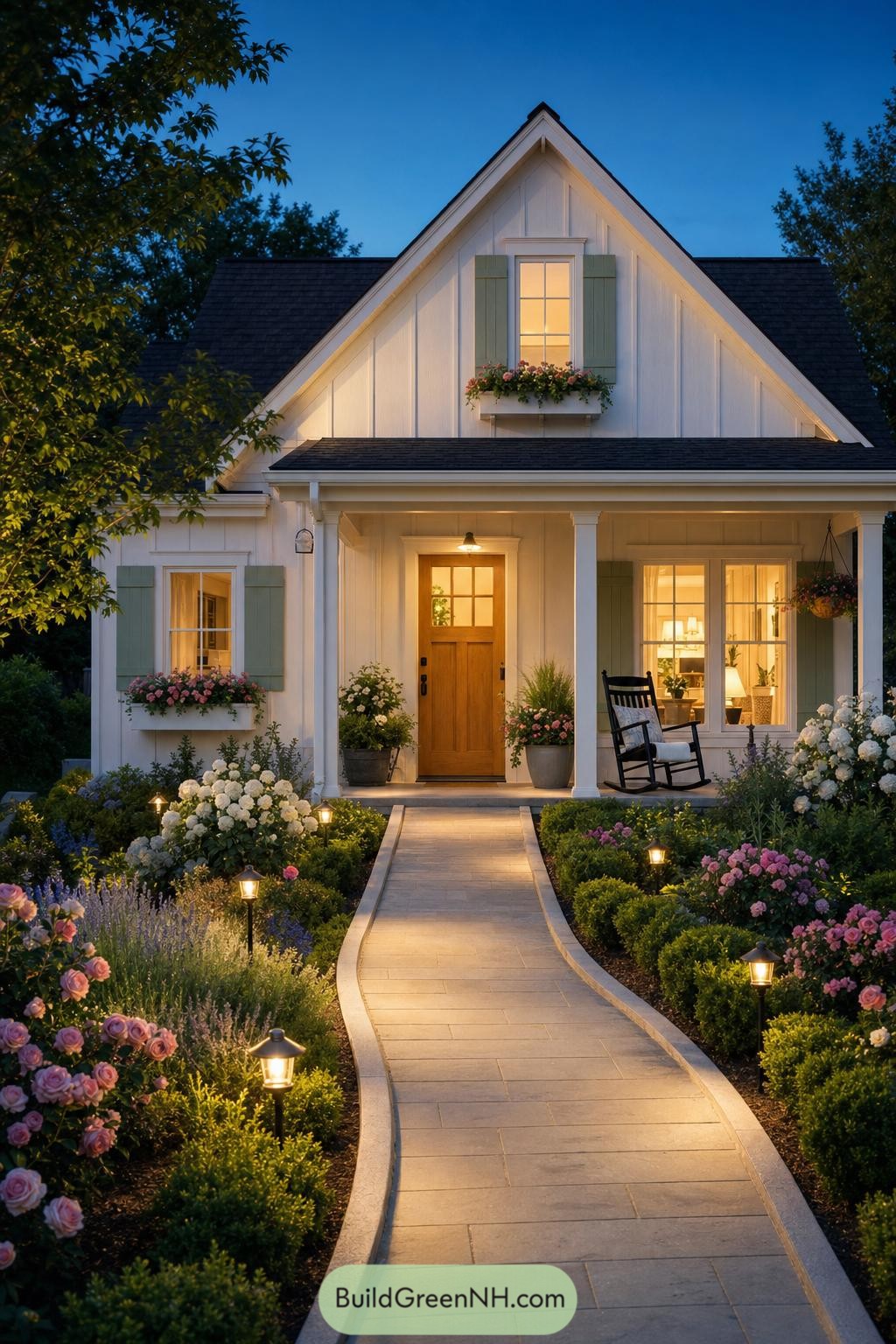 White cottage with sage shutters and a flower-lined path at dusk