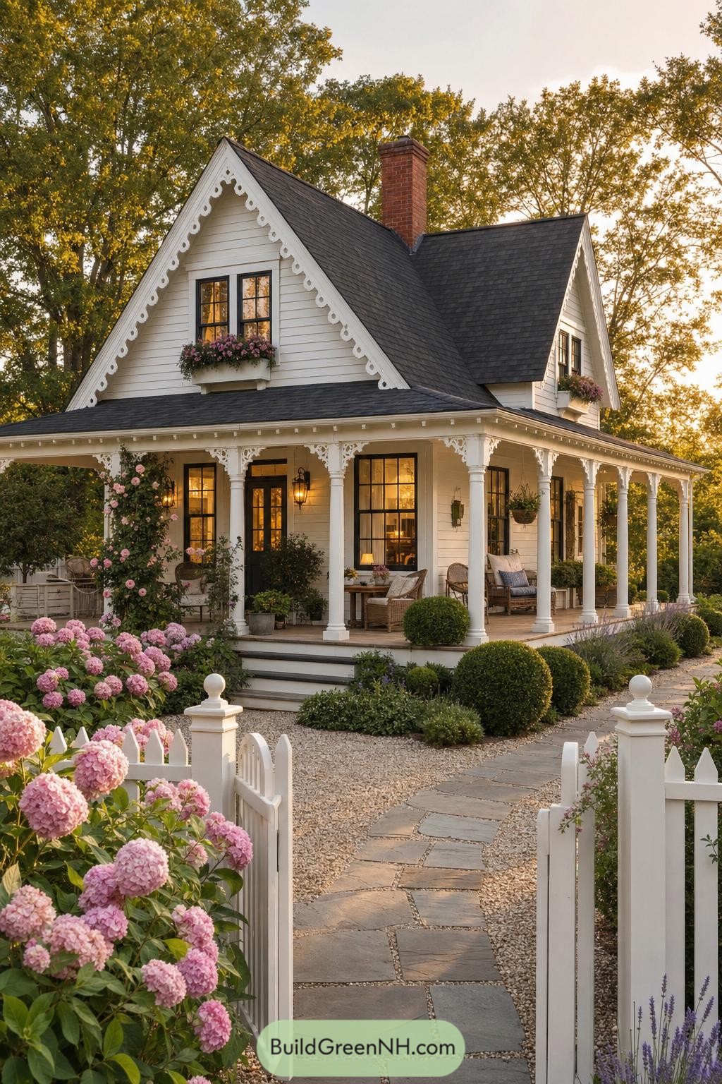 White cottage with ornate trim and a wraparound porch