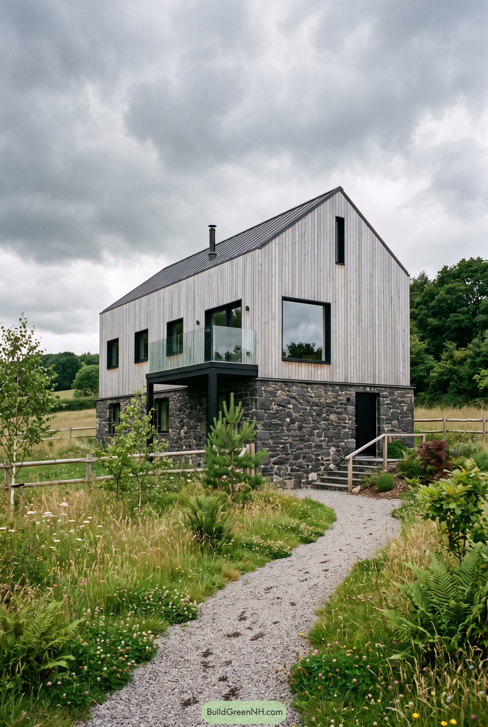 Modern grey wood gable house with stone base